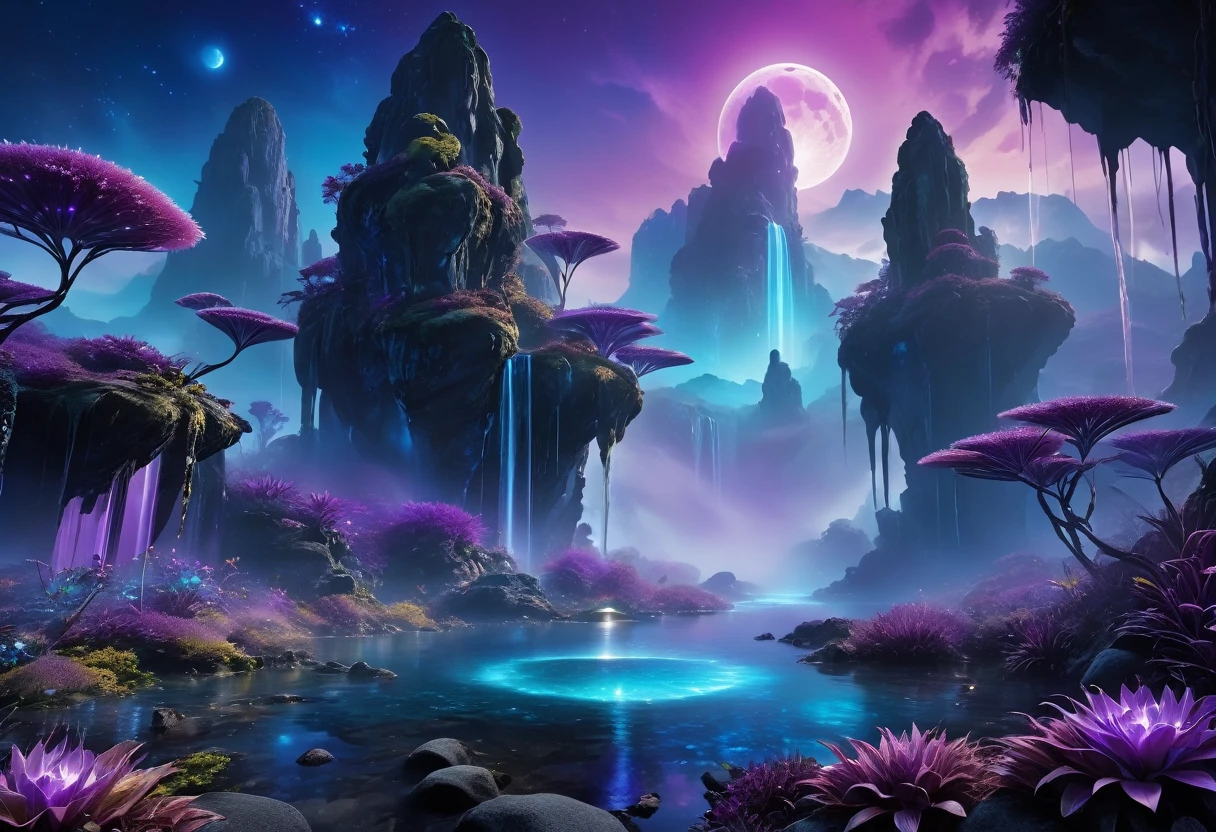 (an alien landscape),vibrant colors,otherworldly plants and flowers,distant glowing moons in the sky,mysterious floating rocks,bioluminescent creatures,cascading waterfalls,ethereal mist,crystal clear lakes,shimmering purple grasses,huge towering mountains,pulsating energy fields,unusual rock formations,exotic alien architecture,advanced technology merging with nature,eerie silence,purple and blue hues,soft and diffused lighting,sharp and surreal details,high contrast and dynamic range,surreal and dreamlike atmosphere,ultra-detailed and hyper-realistic textures,masterpiece:1.2