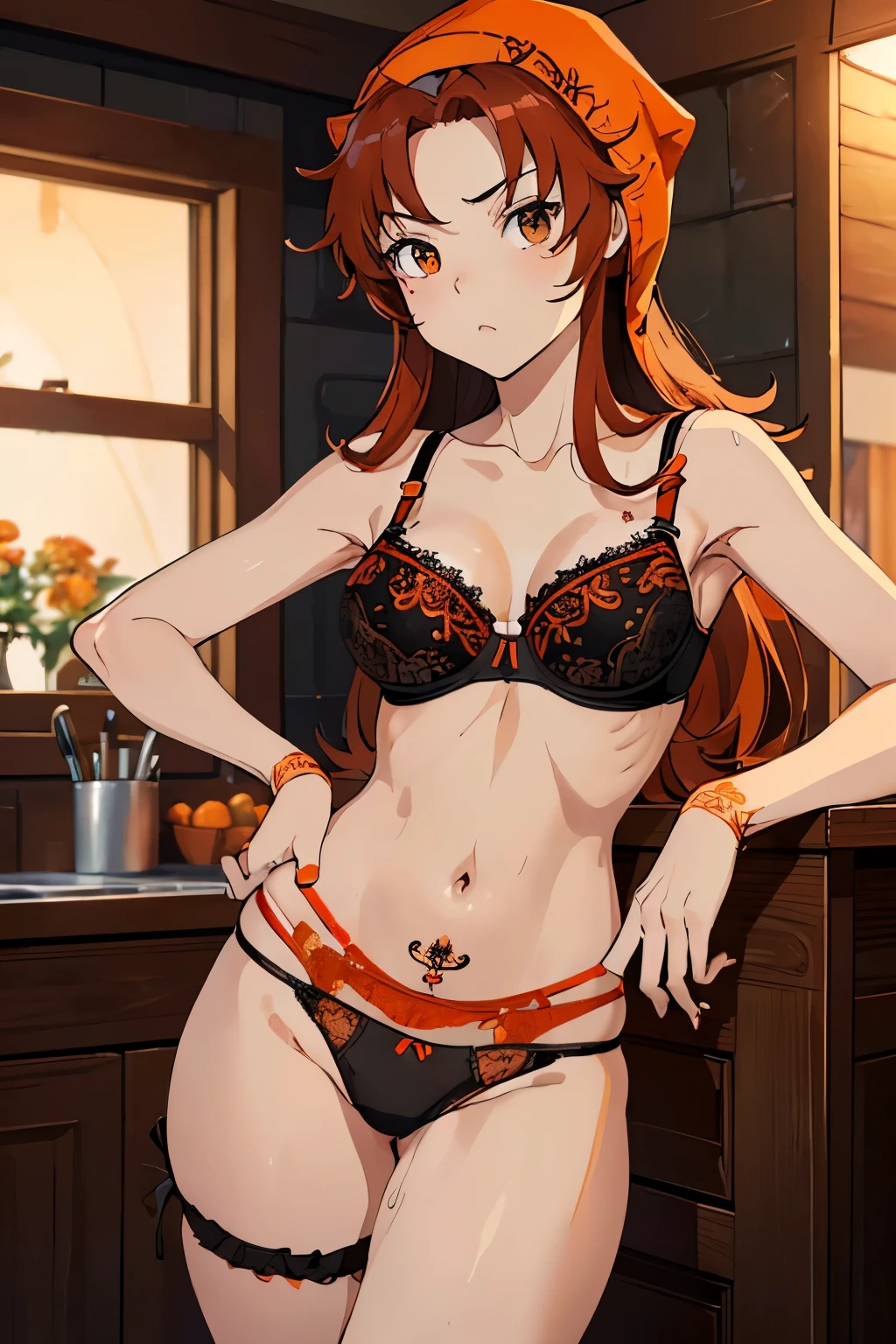 High resolution、highest quality、small height、small shoulder width、white skin、slender、long hair、brown orange hair、(maribel, red hair、brown orange hood)、thin thighs、(big boobs)、(((Sexual bra with detailed decoration、Sexual black panties with detailed decoration)))、sexual pose