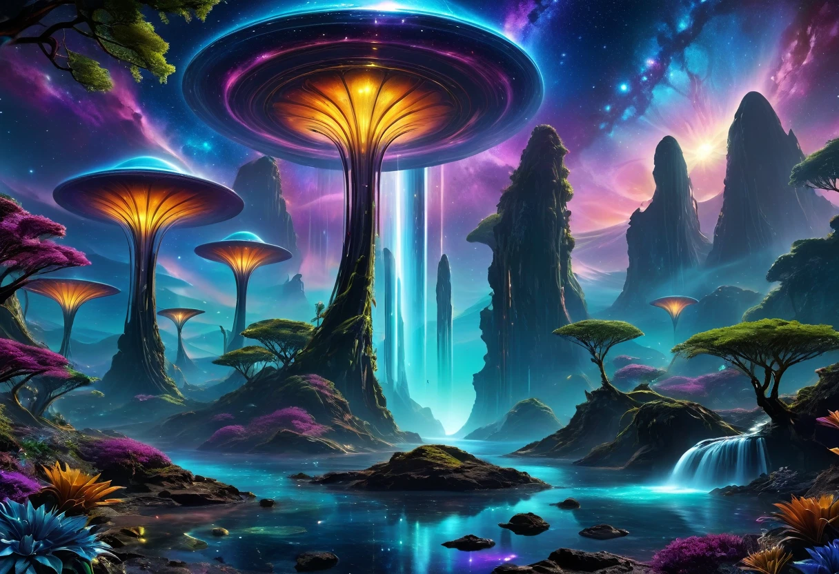 (an alien landscape),vibrant colors,otherworldly plants and flowers,distant glowing moons in the sky,mysterious floating rocks,bioluminescent creatures,cascading waterfalls,ethereal mist,crystal clear lakes,shimmering purple grasses,huge towering mountains,pulsating energy fields,unusual rock formations,exotic alien architecture,advanced technology merging with nature,eerie silence,purple and blue hues,soft and diffused lighting,sharp and surreal details,high contrast and dynamic range,surreal and dreamlike atmosphere,ultra-detailed and hyper-realistic textures,masterpiece:1.2