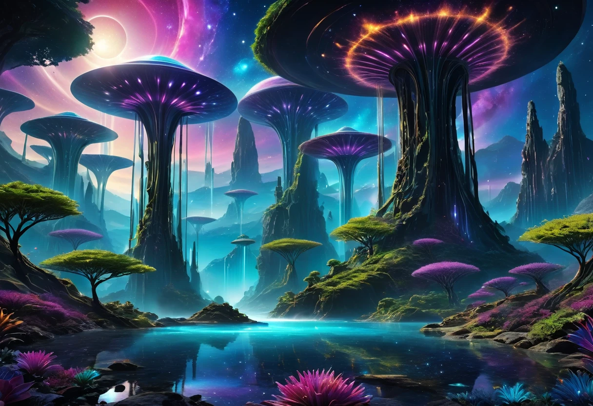 (an alien landscape),vibrant colors,otherworldly plants and flowers,distant glowing moons in the sky,mysterious floating rocks,bioluminescent creatures,cascading waterfalls,ethereal mist,crystal clear lakes,shimmering purple grasses,huge towering mountains,pulsating energy fields,unusual rock formations,exotic alien architecture,advanced technology merging with nature,eerie silence,purple and blue hues,soft and diffused lighting,sharp and surreal details,high contrast and dynamic range,surreal and dreamlike atmosphere,ultra-detailed and hyper-realistic textures,masterpiece:1.2