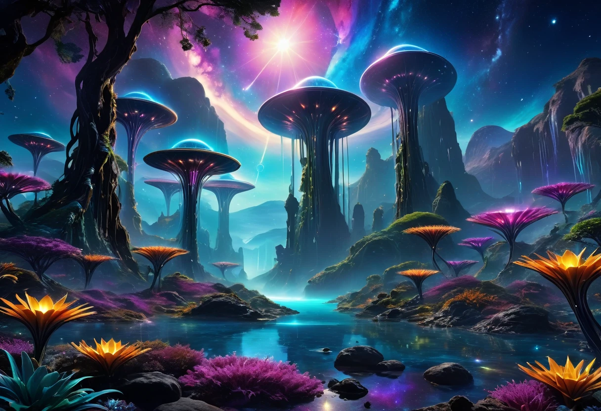 (an alien landscape),vibrant colors,otherworldly plants and flowers,distant glowing moons in the sky,mysterious floating rocks,bioluminescent creatures,cascading waterfalls,ethereal mist,crystal clear lakes,shimmering purple grasses,huge towering mountains,pulsating energy fields,unusual rock formations,exotic alien architecture,advanced technology merging with nature,eerie silence,purple and blue hues,soft and diffused lighting,sharp and surreal details,high contrast and dynamic range,surreal and dreamlike atmosphere,ultra-detailed and hyper-realistic textures,masterpiece:1.2