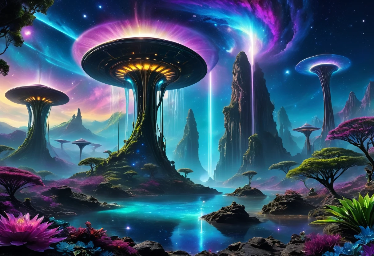 (an alien landscape),vibrant colors,otherworldly plants and flowers,distant glowing moons in the sky,mysterious floating rocks,bioluminescent creatures,cascading waterfalls,ethereal mist,crystal clear lakes,shimmering purple grasses,huge towering mountains,pulsating energy fields,unusual rock formations,exotic alien architecture,advanced technology merging with nature,eerie silence,purple and blue hues,soft and diffused lighting,sharp and surreal details,high contrast and dynamic range,surreal and dreamlike atmosphere,ultra-detailed and hyper-realistic textures,masterpiece:1.2