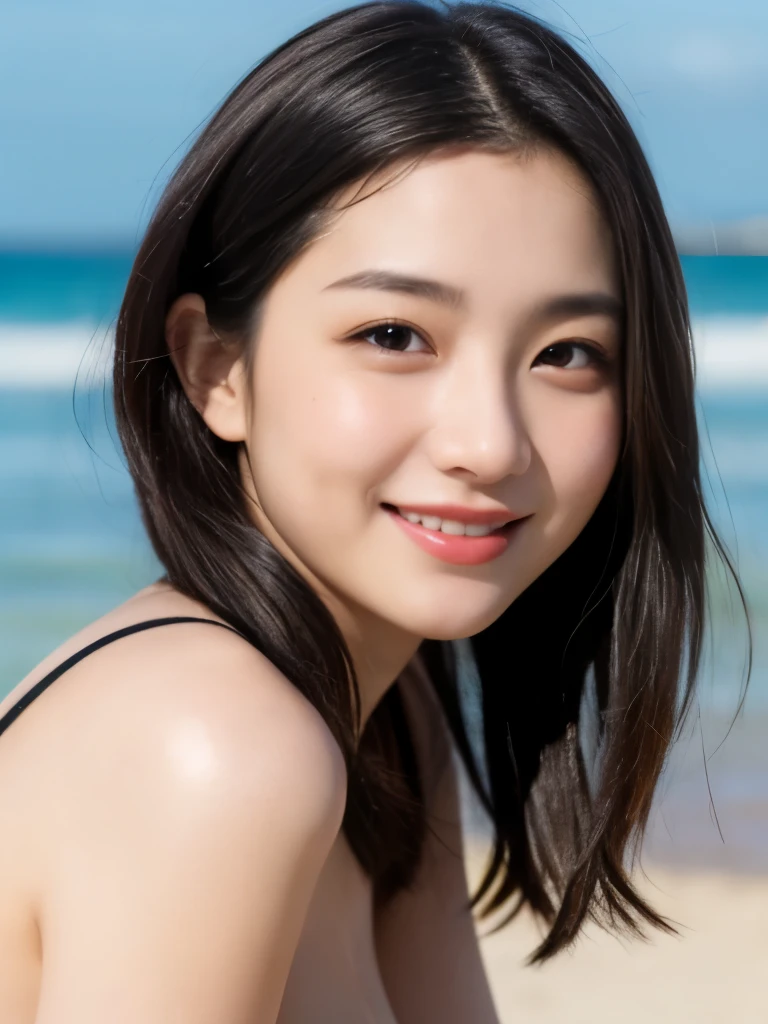 (masterpiece:1.2, highest quality), blur the background,Photographed with a wide-angle single focus lens,1 High school girl, (big boobs), posing naked, brown hair,bright eyes,blushing face,Highly detailed face and skin texture, healthy skin,big smile, (beach),4K resolution