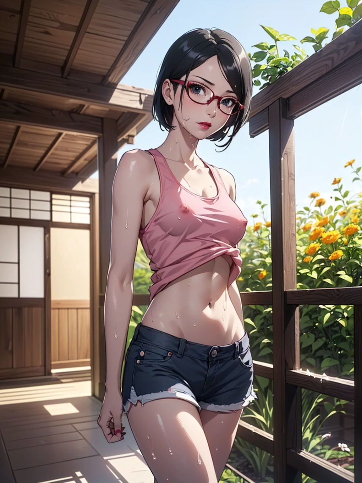 (1girl, solo, alone), (WakatsukiRisa, Sarada Uchiha, black hair, short hair, black eyes, red glasses), ((solo, (1woman, pink lipstick, (small breasts), black eyes), Extremely detailed, ambient soft lighting, 4k, perfect eyes, a perfect face, perfect lighting, a 1girl)), austere, (((fitness, shapely, yellow tank top, (yellow mini top, revealing wet tank top, hanging out of braless top, beautiful high detailed dreamgarden, nsfw 8K), women's tank top, wet yellow tank) top, transparent, transparency, mini shorts, jean shorts, navel out, abdomen showing, wet body, wooden house, classic Japanese house, old Japanese house , balcony, garden, flowers, walking in the hallway))