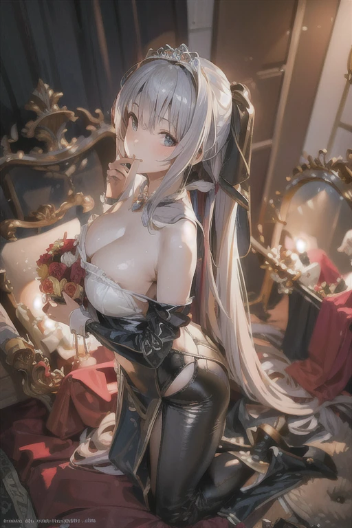 (from above:1.2),(from side:0.9), ((Face)), (Close-Up:0.4), ((looking at viewer, holding a bouquet to his mouth)), highest quality、(real、photorealistic:1.4)、(RAW photo:1.2)、very detailed CG unity 8k wallpaper, delicate and beautiful, wonderful, Fine detail, official art, disorganized, very disorganized, huge file size, Ultra-detailed, very detailed, very detailed girl, very detailed eyes and face, Bright on the face、(20 age girl:1.0)、small smile, smiling, miorine rembran, ahoge, (twintail hair:1.25), hair between eyes, hair twintails, (long hair:1.25), tiara,ruany,off-shoulder dress,pearl ,(gemstone),tiara,veil,wedding dress, wedding necklace, wedding long gloves, (luxurious bouquet), chapel, Stained glass,(best quality, highres, masterpiece:1.2), ultra-detailed, (realistic:1.37) illustration, erotic style, soft lighting, sweat glistening on her body, gentle warmth, dark and mysterious, small breast,narrow waist,(with sparkling eyes and a contagious smile),her thin pubic hair, looking at viewer, 