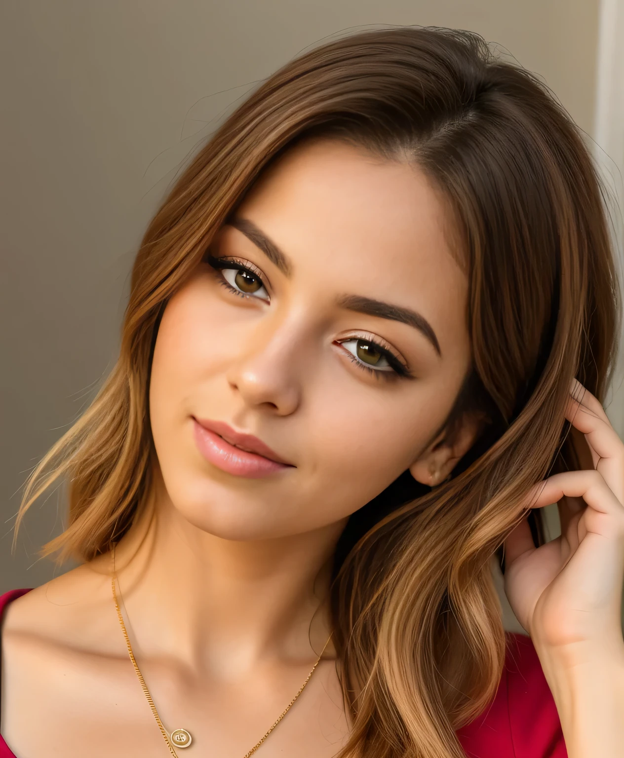 mulher loira com cabelos longos, usando um vestido vermelho e um colar, uma garota com cabelo loiro, Head-focused profile picture, garota loira, beautiful garota loira, cabelo loiro, levemente acobreado modelo do instagram, cabelo loiro, 4k realista, olhando para o lado enquanto uma luz alaranjada a ilumina, foto aesthetic, foto para instagram