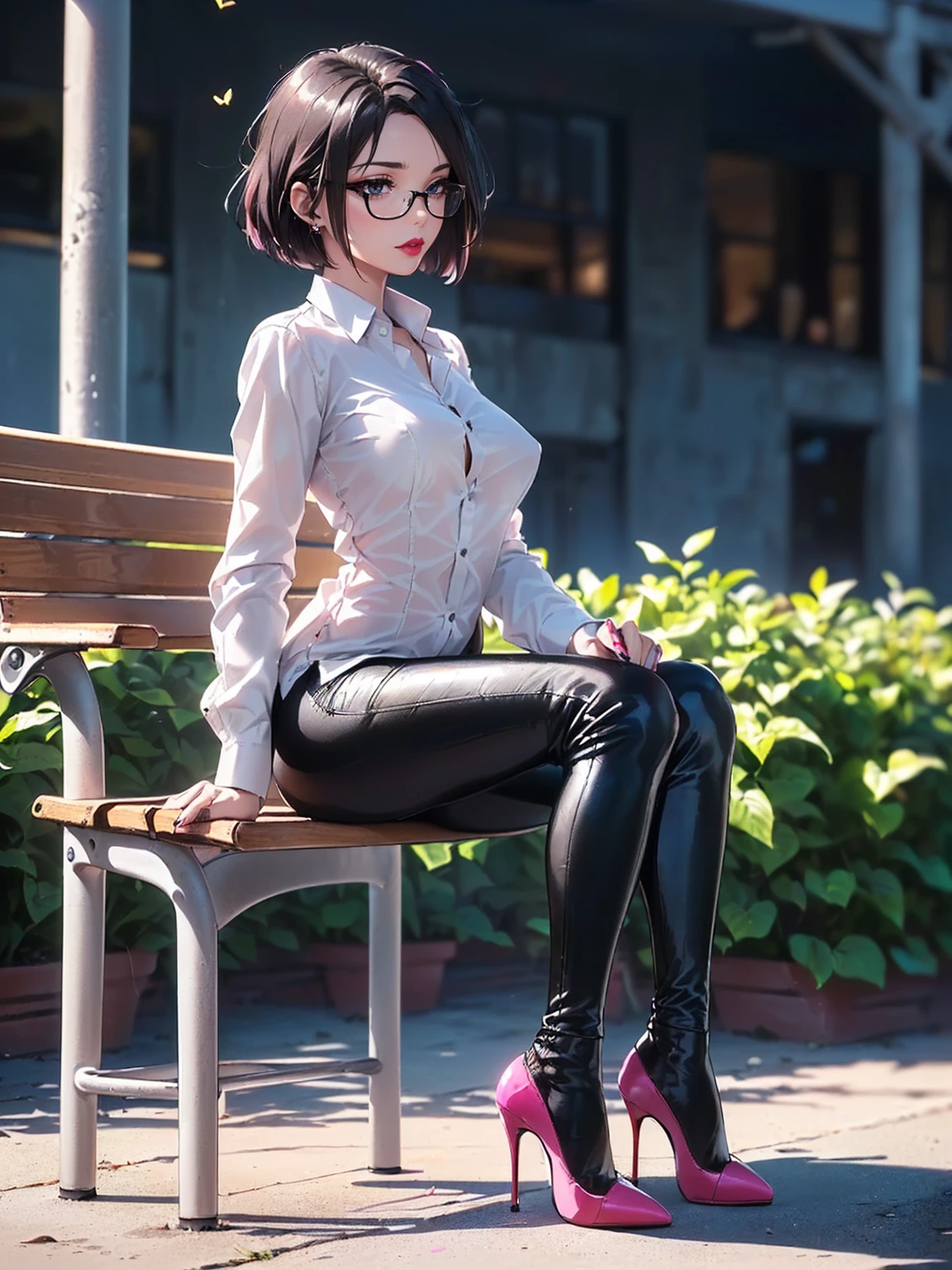 (1girl, solo, alone), (WakatsukiRisa, Sarada Uchiha, black hair, short hair, black eyes, red glasses), ((solo, (1woman, pink lipstick, (small breasts), black eyes), Extremely detailed, ambient soft lighting, 4k, perfect eyes, a perfect face, perfect lighting, a 1girl)), austere, ((black leather pants, (high heels, ((dress shirt, white shirt, long sleeve blouse))), black leggings, leather pants, black pants, ((stiletto high heels, (peep toes), black high heels with red soles, high heels)), tight clothes, shiny leather, leather, leathery, farm, balcony, ((sitting on a bench, stool)), farm background, pond)), ((itness, muscular, shapely body, athletic body, toned body))