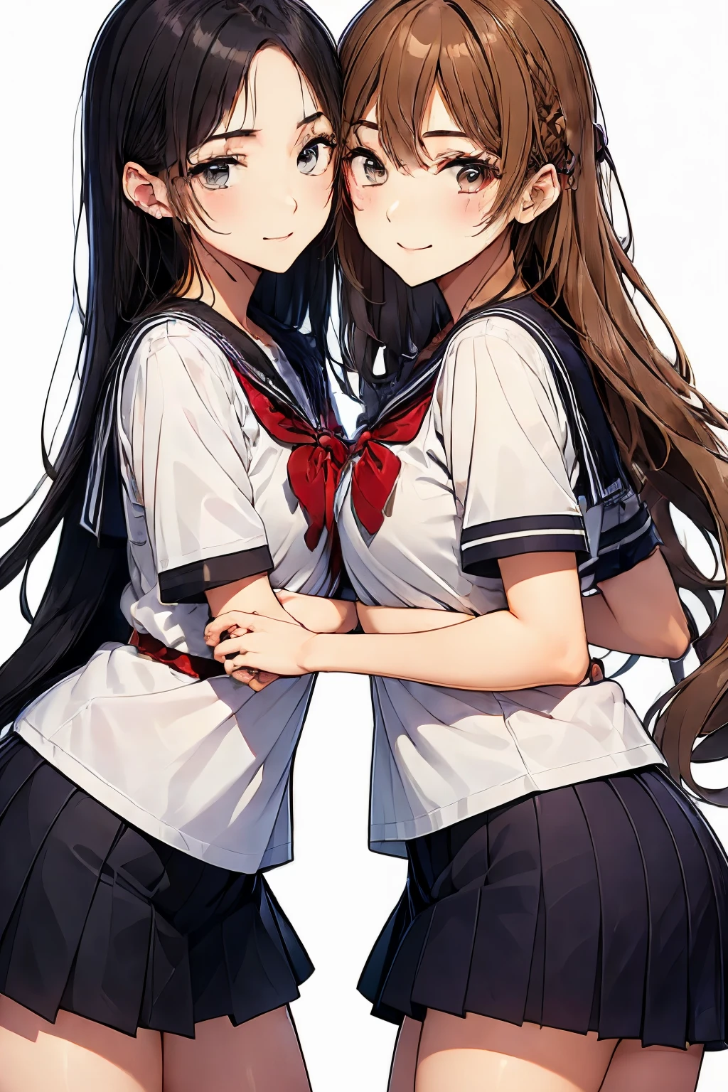 Two high school girls hugging each other、seductive smile、nsfw