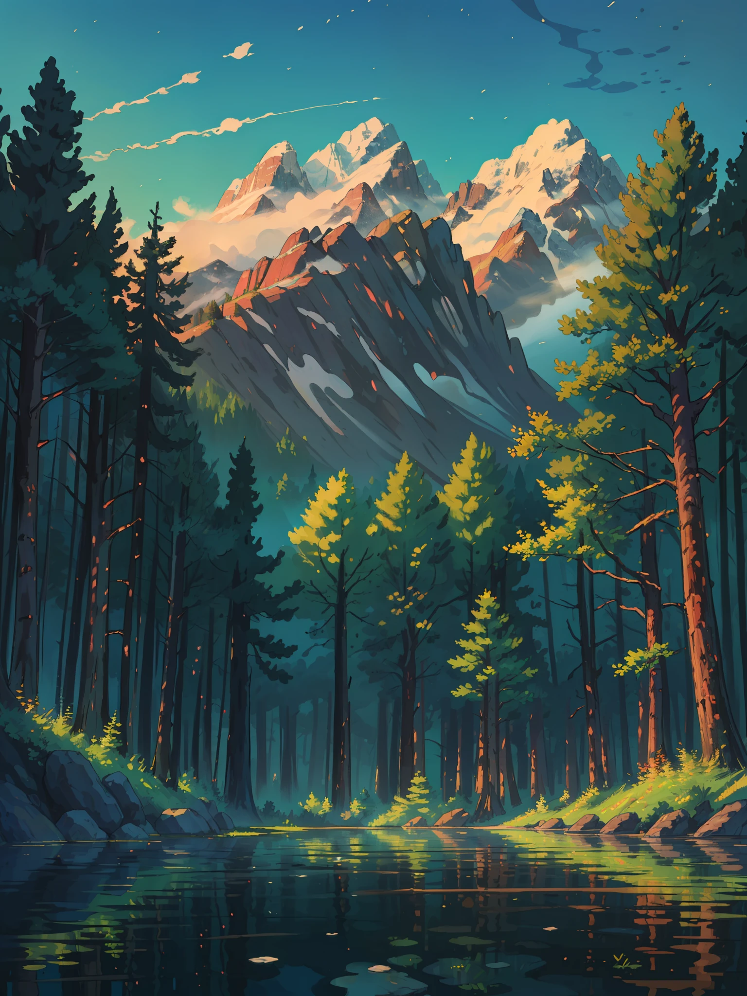 (masterpiece:1), (wide view:1.8),(Pine forest :1.8), (nature:1.3), (evening time:1.6), (huge lake:1.65), silence, (mountains:1.5), (Subtle color palette:1.5), (reflection:1.7), (ripples:1.5), magnificent sky, (pine trees:1.6), (giant stones:1.6), (spring:1.6), (volumetric light:1.2), peaceful, (windy:1.4), (evening sky:1.5),(decor:1.3), (calmness:1.3), (ambient bright light:1.5), (scenery:1.4), (beautiful aesthetics:1.2), (blue wide sky:1.5), (Forest:1.6) beautiful tones, subtle colors, peaceful, (illustration: 1.0), epic composition, realistic lighting, (no human:1.6), HD details, masterpiece, best quality, ,