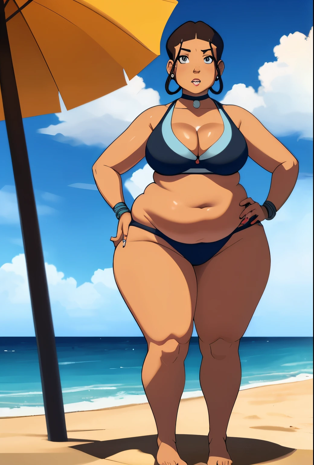 Masterpiece, best quality, 1girl, overweight, Katara, adult, chubby figure, in red crop top, lush cleavage, tanned skin, jewelry, looking at viewers, torso, beach background, sunshine, sky, cloud,(( long open black hair)), (((overweight))), chubby belly, wide hips, big breasts. water tribe bikini. full body image.