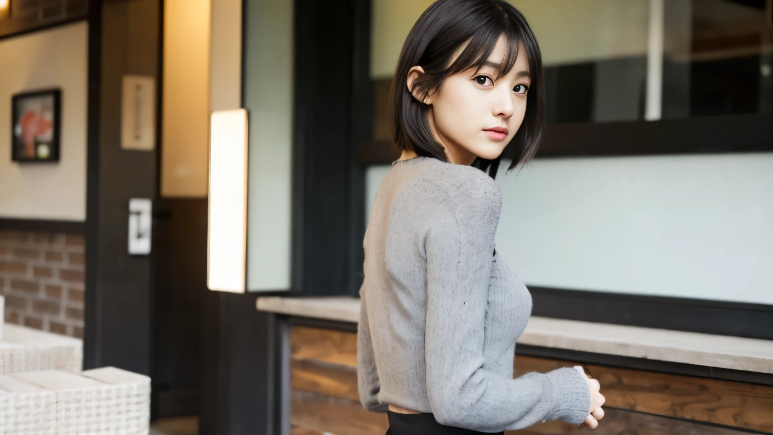 japanese woman, 30 years old, slender body shape, small breasts, very thin waist, beautiful face, beautiful eyes, black short hair, She is wearing a tight, short gray knit dress with an open back design., sitting at a stylish cafe, I look back at you gently, 1 girl, alone, detailed face and eyes, small fingers and arms. full body photo. realistic, realistic.