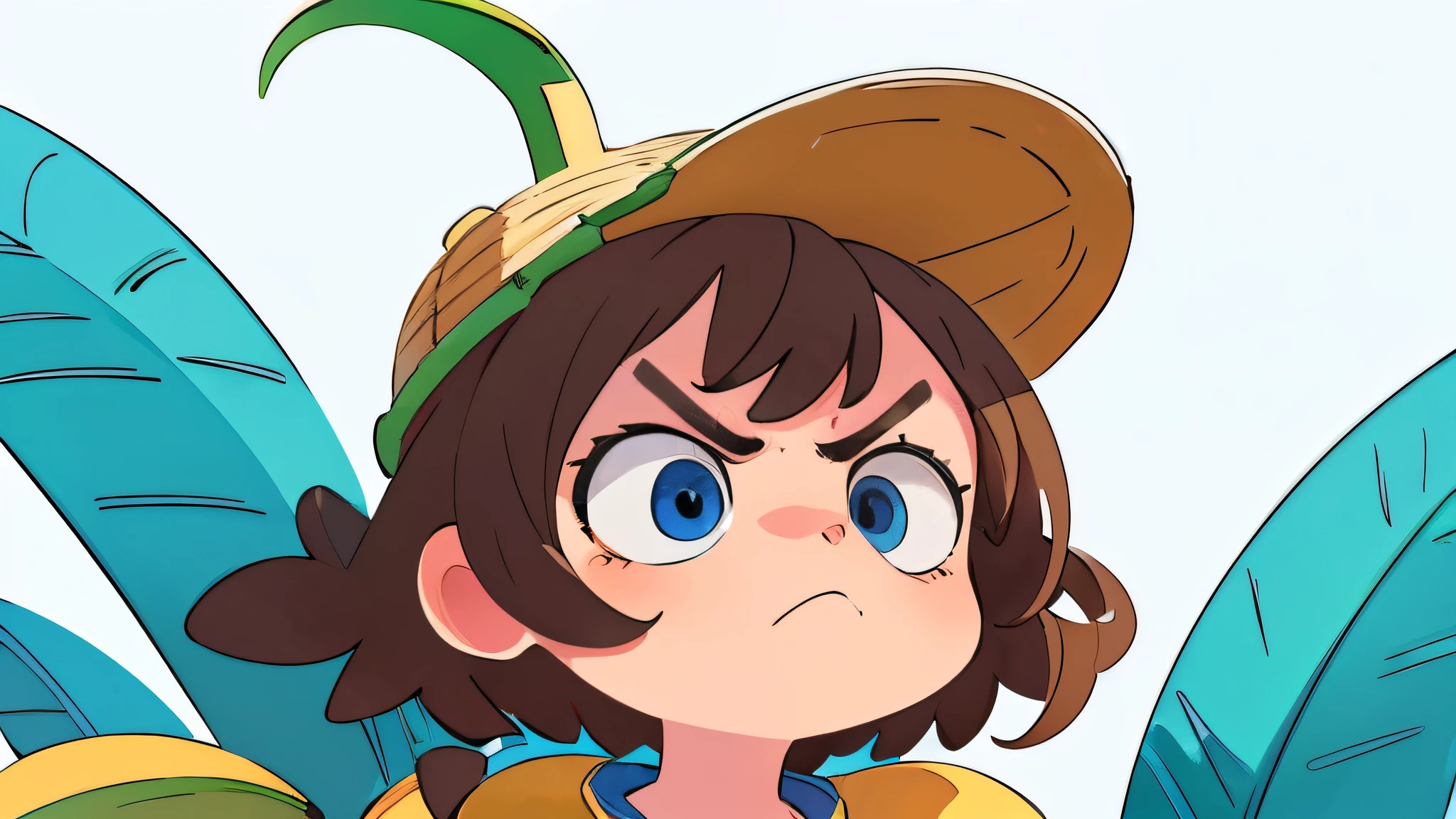 mad, angry, pissed, banana hat, bananas background pattern, banana tree, blueish background, high detailed, fornite banana costume, shooting, explosion, high contrast, high saturation, guns, bananas, big eyes, super close view, portrait, close up, front, girly brown hair, blue eyes