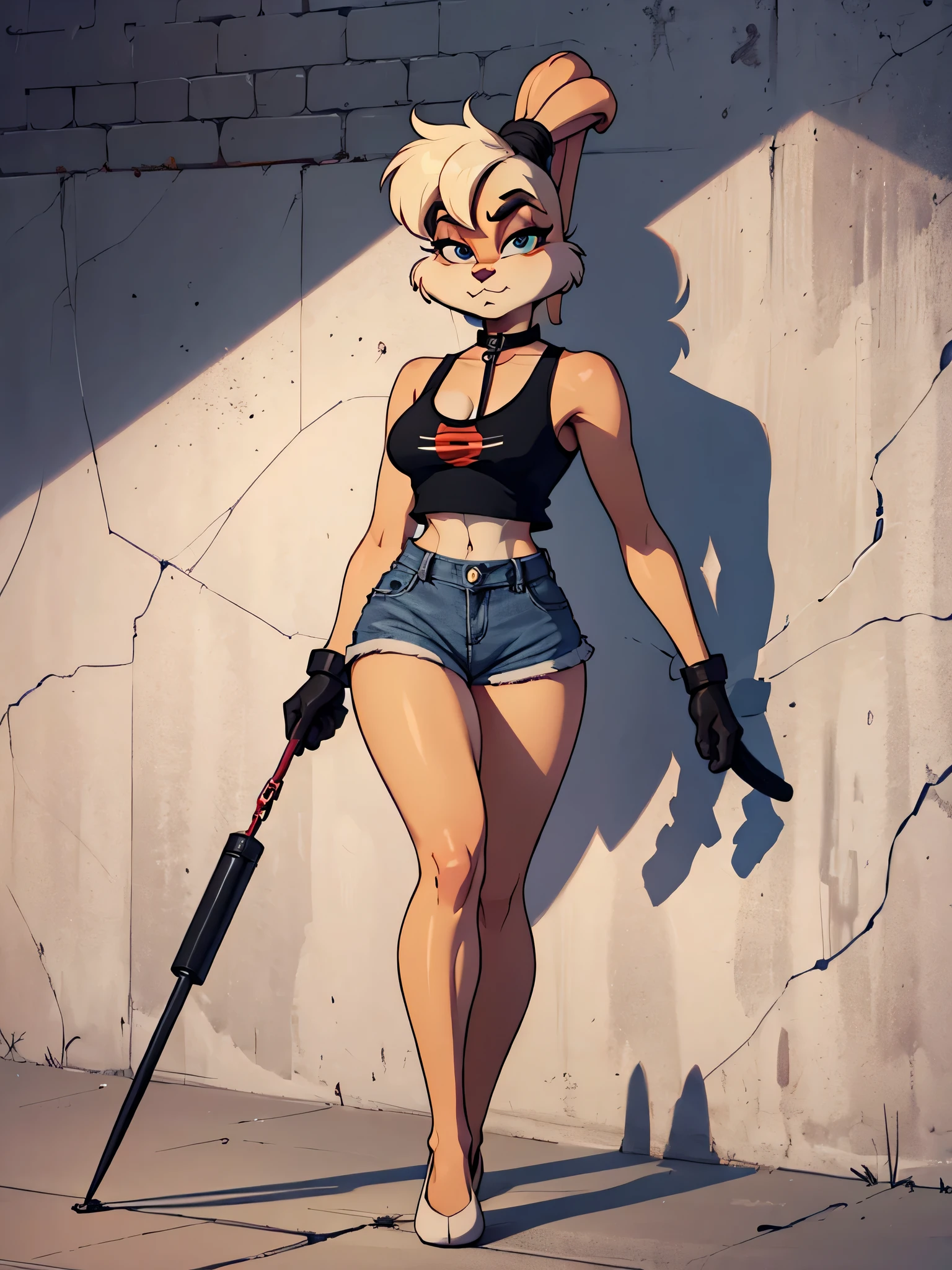 lola bunny, fluffy, animal nose, cartoon character, short black denim shorts, black biker leather gloves, black tank top, black sexy clothes, bunny ears, looking at viewer, walking on a panda leash, plain background, pink brick wall behind, high quality , a masterpiece