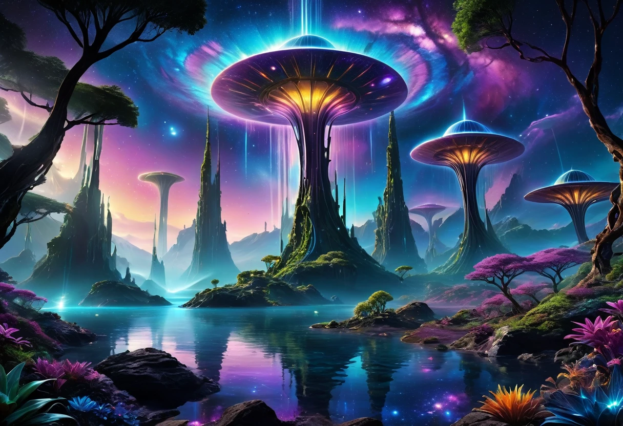 (an alien landscape),vibrant colors,otherworldly plants and flowers,distant glowing moons in the sky,mysterious floating rocks,bioluminescent creatures,cascading waterfalls,ethereal mist,crystal clear lakes,shimmering purple grasses,huge towering mountains,pulsating energy fields,unusual rock formations,exotic alien architecture,advanced technology merging with nature,eerie silence,purple and blue hues,soft and diffused lighting,sharp and surreal details,high contrast and dynamic range,surreal and dreamlike atmosphere,ultra-detailed and hyper-realistic textures,masterpiece:1.2