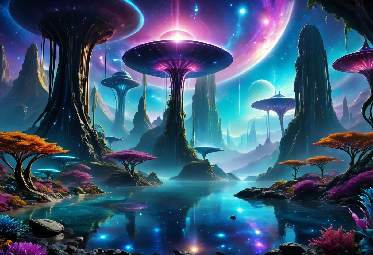 (best quality, 4k, 8k, high resolution, masterpiece: 1.2, ultra detailed, realistic: 1.37), alien landscape, extraterrestrial terrain, otherworldly landscape, unnatural rock formations, bright plants, strong and vivid colors, ethereal atmosphere, luminous sky, mysterious rays of light, distant alien structures, unusual flora and fauna, supernatural mountains, crystalline lakes, reflective surfaces, surreal waterfalls, bioluminescent creatures, futuristic architecture, alien technology, cosmic energy, harmony of chaos, intergalactic travel, unexplored frontiers ,horizon full of stars, extravagant celestial bodies, portals to other dimensions, landscapes that bend the horizon, impressive views, distant galaxies, extraterrestrial civilization at twilight, cosmic forces at play, majestic cosmic giants, dreamy celestial symmetry, colorful nebulae, Outer space odyssey, unlimited imagination.