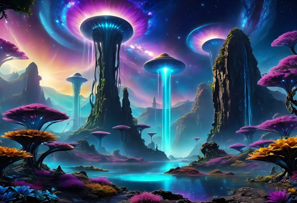 (an alien landscape),vibrant colors,otherworldly plants and flowers,distant glowing moons in the sky,mysterious floating rocks,bioluminescent creatures,cascading waterfalls,ethereal mist,crystal clear lakes,shimmering purple grasses,huge towering mountains,pulsating energy fields,unusual rock formations,exotic alien architecture,advanced technology merging with nature,eerie silence,purple and blue hues,soft and diffused lighting,sharp and surreal details,high contrast and dynamic range,surreal and dreamlike atmosphere,ultra-detailed and hyper-realistic textures,masterpiece:1.2