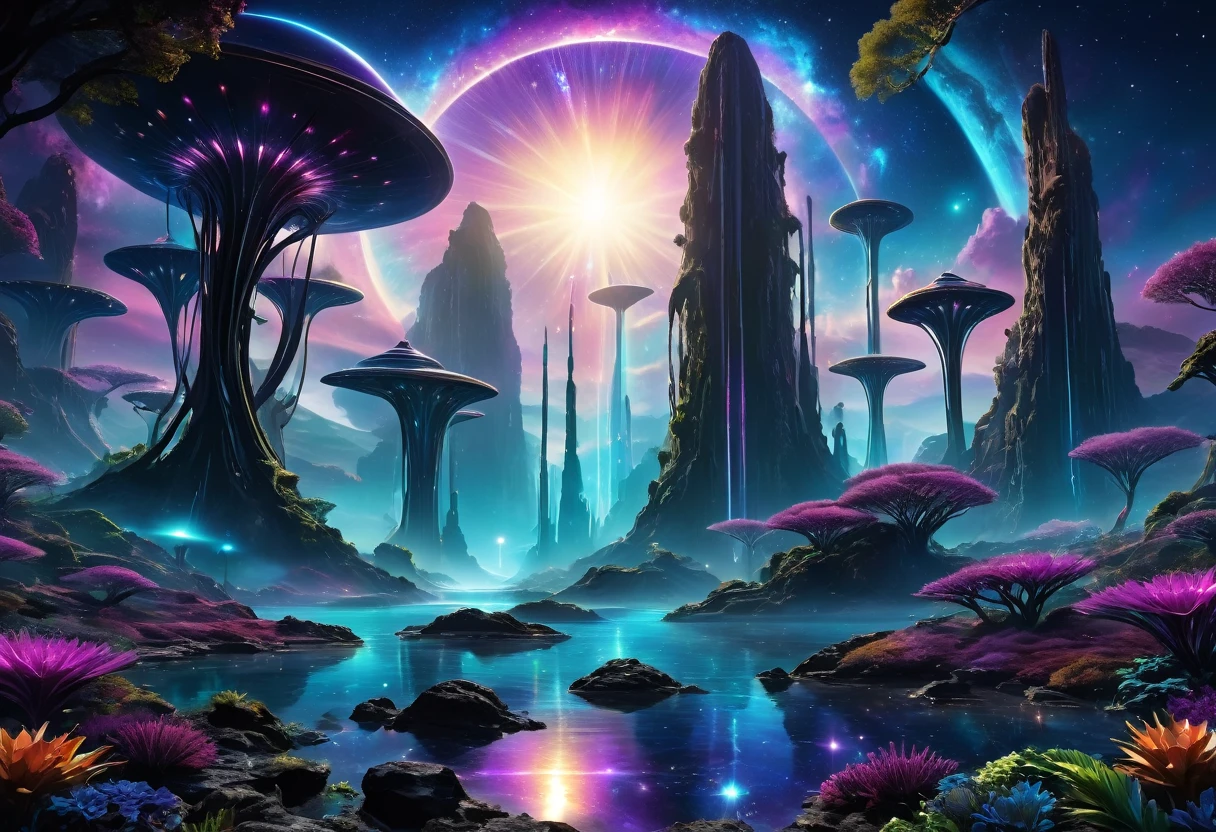 (an alien landscape),vibrant colors,otherworldly plants and flowers,distant glowing moons in the sky,mysterious floating rocks,bioluminescent creatures,cascading waterfalls,ethereal mist,crystal clear lakes,shimmering purple grasses,huge towering mountains,pulsating energy fields,unusual rock formations,exotic alien architecture,advanced technology merging with nature,eerie silence,purple and blue hues,soft and diffused lighting,sharp and surreal details,high contrast and dynamic range,surreal and dreamlike atmosphere,ultra-detailed and hyper-realistic textures,masterpiece:1.2