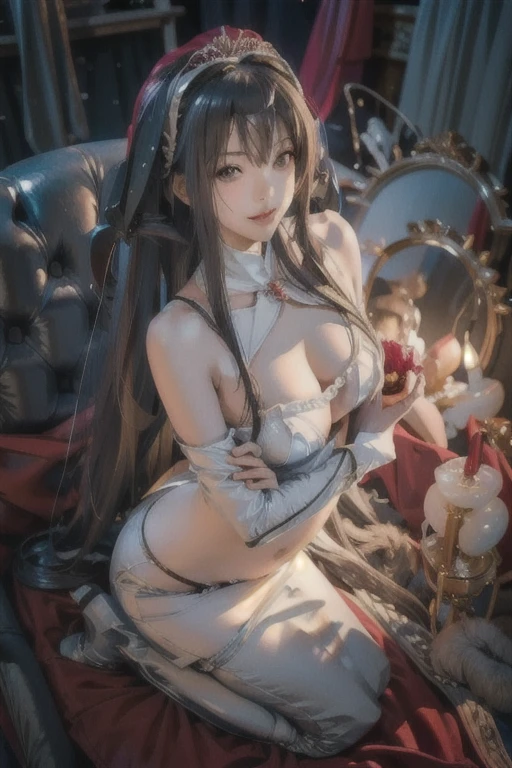 (from above:1.2),(from side:0.9), ((Face)), (Close-Up:0.4), ((looking at viewer, holding a bouquet to his mouth)), highest quality、(real、photorealistic:1.4)、(RAW photo:1.2)、very detailed CG unity 8k wallpaper, delicate and beautiful, wonderful, Fine detail, official art, disorganized, very disorganized, huge file size, Ultra-detailed, very detailed, very detailed girl, very detailed eyes and face, Bright on the face、(20 age girl:1.0)、small smile, smiling, miorine rembran, ahoge, (twintail hair:1.25), hair between eyes, hair twintails, (long hair:1.25), tiara,ruany,off-shoulder dress,pearl ,(gemstone),tiara,veil,wedding dress, wedding necklace, wedding long gloves, (luxurious bouquet), chapel, Stained glass,(best quality, highres, masterpiece:1.2), ultra-detailed, (realistic:1.37) illustration, erotic style, soft lighting, sweat glistening on her body, gentle warmth, dark and mysterious, small breast,narrow waist,(with sparkling eyes and a contagious smile),her thin pubic hair, looking at viewer, 