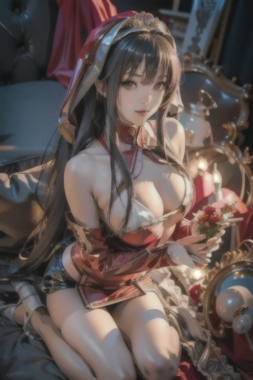 (from above:1.2),(from side:0.9), ((Face)), (Close-Up:0.4), ((looking at viewer, holding a bouquet to his mouth)), highest quality、(real、photorealistic:1.4)、(RAW photo:1.2)、very detailed CG unity 8k wallpaper, delicate and beautiful, wonderful, Fine detail, official art, disorganized, very disorganized, huge file size, Ultra-detailed, very detailed, very detailed girl, very detailed eyes and face, Bright on the face、(20 age girl:1.0)、small smile, smiling, miorine rembran, ahoge, (twintail hair:1.25), hair between eyes, hair twintails, (long hair:1.25), tiara,ruany,off-shoulder dress,pearl ,(gemstone),tiara,veil,wedding dress, wedding necklace, wedding long gloves, (luxurious bouquet), chapel, Stained glass,(best quality, highres, masterpiece:1.2), ultra-detailed, (realistic:1.37) illustration, erotic style, soft lighting, sweat glistening on her body, gentle warmth, dark and mysterious, small breast,narrow waist,(with sparkling eyes and a contagious smile),her thin pubic hair, looking at viewer, 