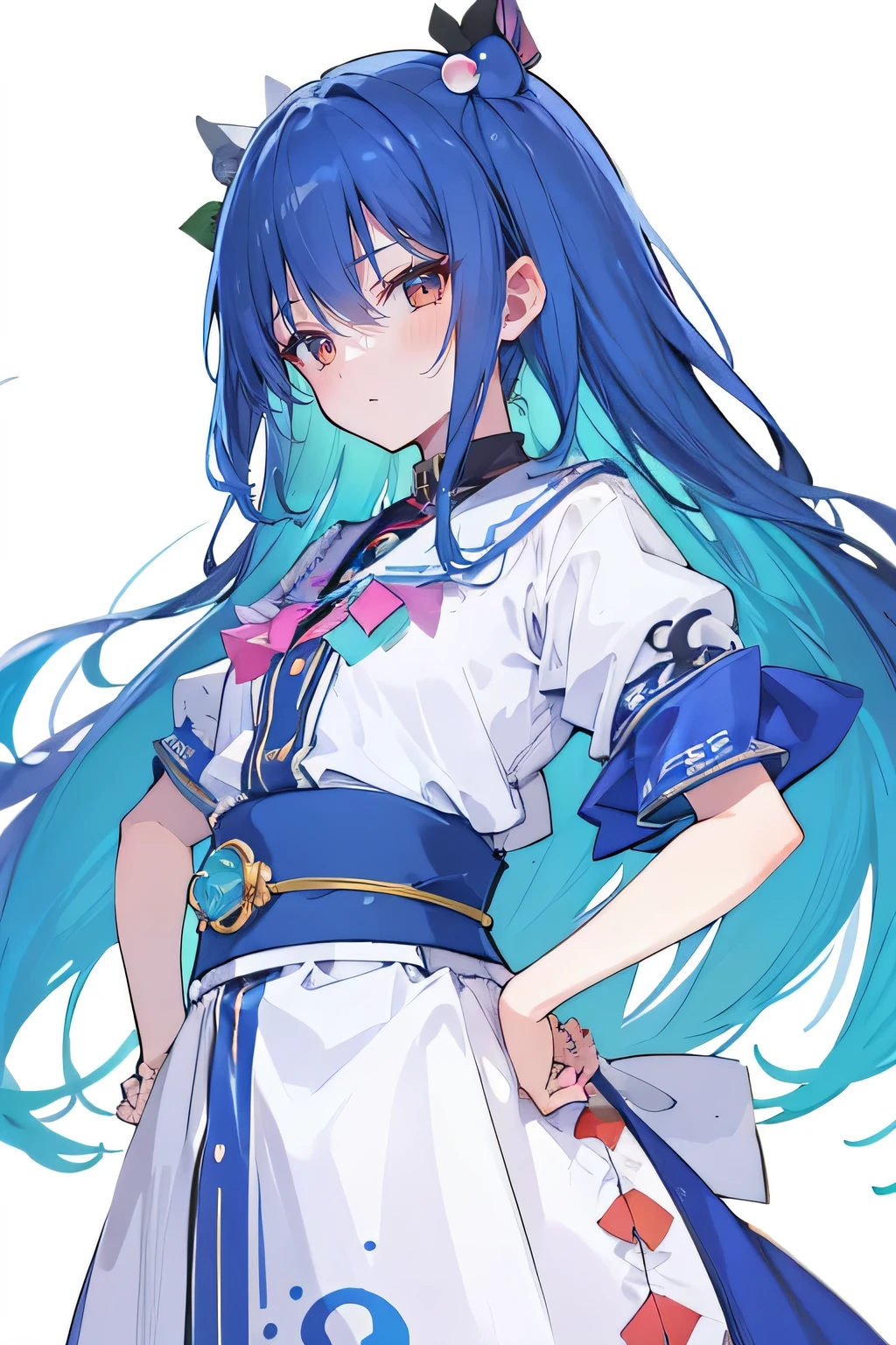 (masterpiece),best quality, expressive eyes, perfect face, 1girl,
Put your hands on your waist,fair, Gorgeous,Japanese cartoons,girl,lola,Hina Angel, blue hair, blue haired, floating clothes,Grab your waist, Grab your waist, hands on hips , hands on hips,flat chest