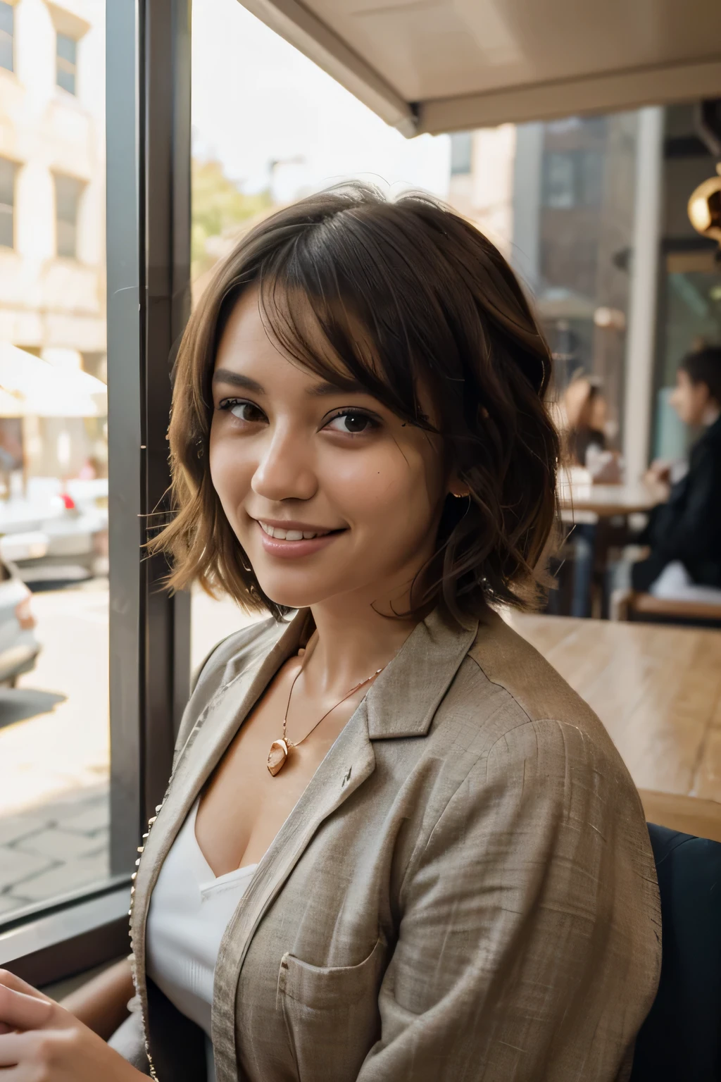 (in 8K, Raw-Photo, best quality, masterpiece:1.2), 1 girls , 20yo, 3/4 body, a beauty, asian, japanese mix, Balkans ancestry, slim normal body, caramel layered hair color, short hair, (wavy hair), bob cuts hair,(Show your teeth and smile), looking at viewer, blazers, tucked in shirts, ripped skinny jeans, office outfit, professional look, (beads necklace:1.2), ((The highest quality, 16 k, masterpiece: 1.3)), Biologically Correct Human, reference, detailed faces, detailed lips, detailed eyes, glittering eyes, realistic pupils, brown pupils, outdoor, siting, elegance, at the coffee shop, light on the face, golden hours, ambience light, backlight, summer, people in the background watching, cinematic look, deep depths of field, blurry background