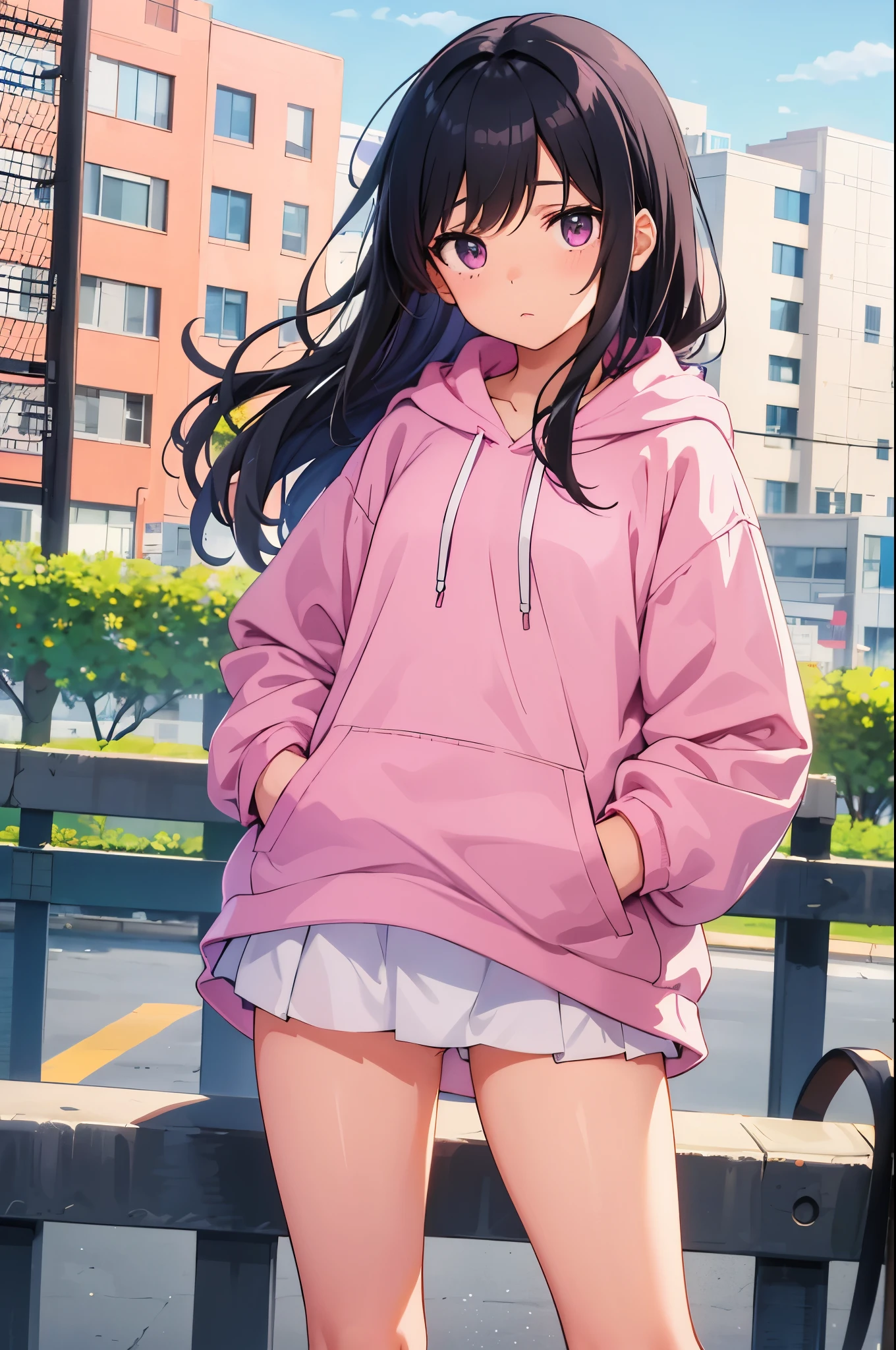 on the pedestrian bridge fence and wire mesh elementary school girl 8-year-old flat chest black hair long hair eyes are purple ((1 person)) upper body pink hoodie Lower body navy blue miniskirt((White panties are visible)) black socks sneakers standing in front of the pedestrian bridge fence spread your legs a little I can see white panties dynamic angle Low angle from the front
