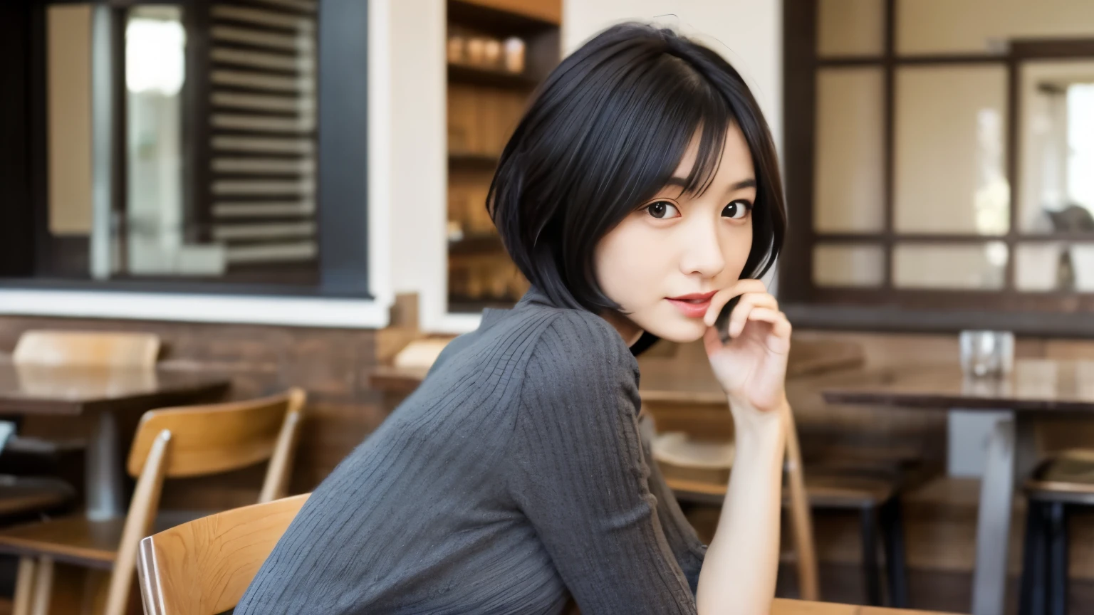 japanese woman, 30 years old, slender body shape, small breasts, very thin waist, beautiful face, beautiful eyes, black short hair, She is wearing a tight, short gray knit dress with an open back design., sitting at a stylish cafe, I look back at you gently, 1 girl, alone, detailed face and eyes, small fingers and arms. full body photo. realistic, realistic.