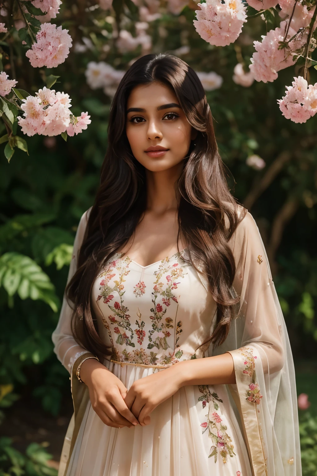 Beautiful ,23 years young girl,confident looking,8k,realistic,dark brown hair,fair skin, indian,long hair,clear facial features, wearing beautiful dress and flowers 🌷🌹and hairs on face make it seductive effect