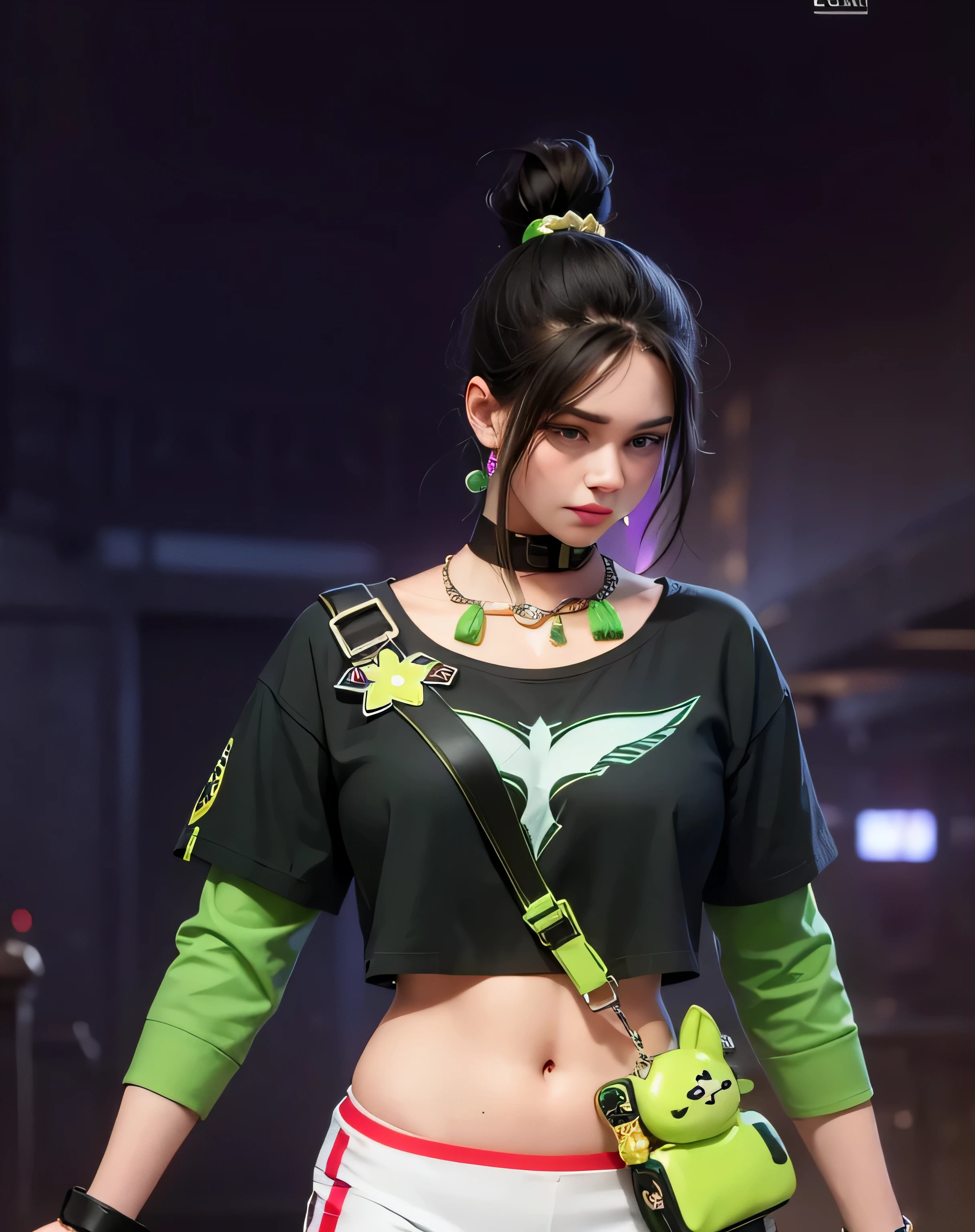 cute women with a green and black top, big , realistic