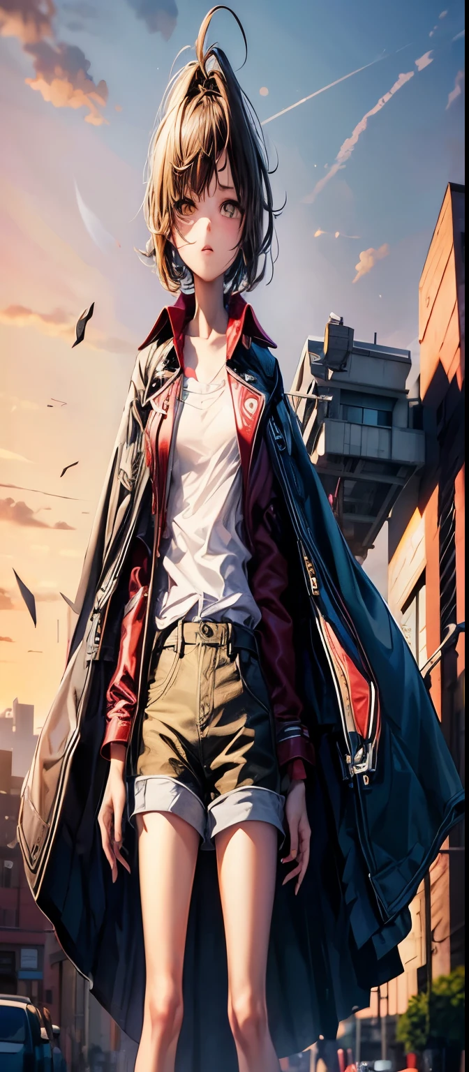 1 girl, full bodyesbian, Full-body image, Crimson trench coat, white shirt, Dark blue cargo shorts, Cool girl,The chest is very flat, Very young girl, A girl around , Yellow-brown hair,, asymmetricalbangs, expressive hair, Medium hair, Hair flakes, Pointed hair, actual, 8K, super detailing, hyper HD, tmasterpiece, Anatomically correct, super detailing, high high quality, Best quality