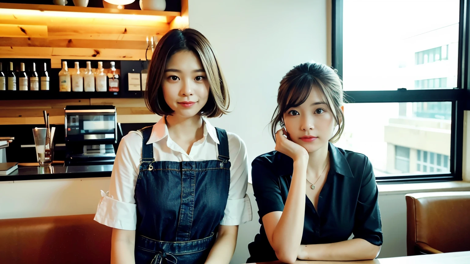 (最high quality、8k、32K、masterpiece:1.2)、A photo of a female college student who looks like a cute model、normal breasts、short bob hair、Upper body、face focus、refreshing white shirt、necklace、look at the audience、background a trendy coffee shop with a unique aesthetic and atmosphere. Incorporate elements like modern furniture, artistic decoration, and ambient lighting to enhance the ambiance. People who enjoy drinks々Consider including, engaging in conversation, or quietly working on laptops. Let your creativity flow、In this chic café setting「stable diffusion」Let the idea come to life, I can see other customers enjoying themselves too...。At the back of the cafe、Staff are busy working at the counter.、Feel the liveliness of a city cafe, sharp focus, 1 girl, sexy 1.2, brown hair, With bangs, fine eyes, Beautiful eyes with slit length, double eyelid, (cat face), (cute Face), cute Smile, (close your mouth), (cute), soft skin, surreal, Super detailed, high quality, (A caring and kind female college student), ((詳細な非常にcute女子大生)), The season is spring