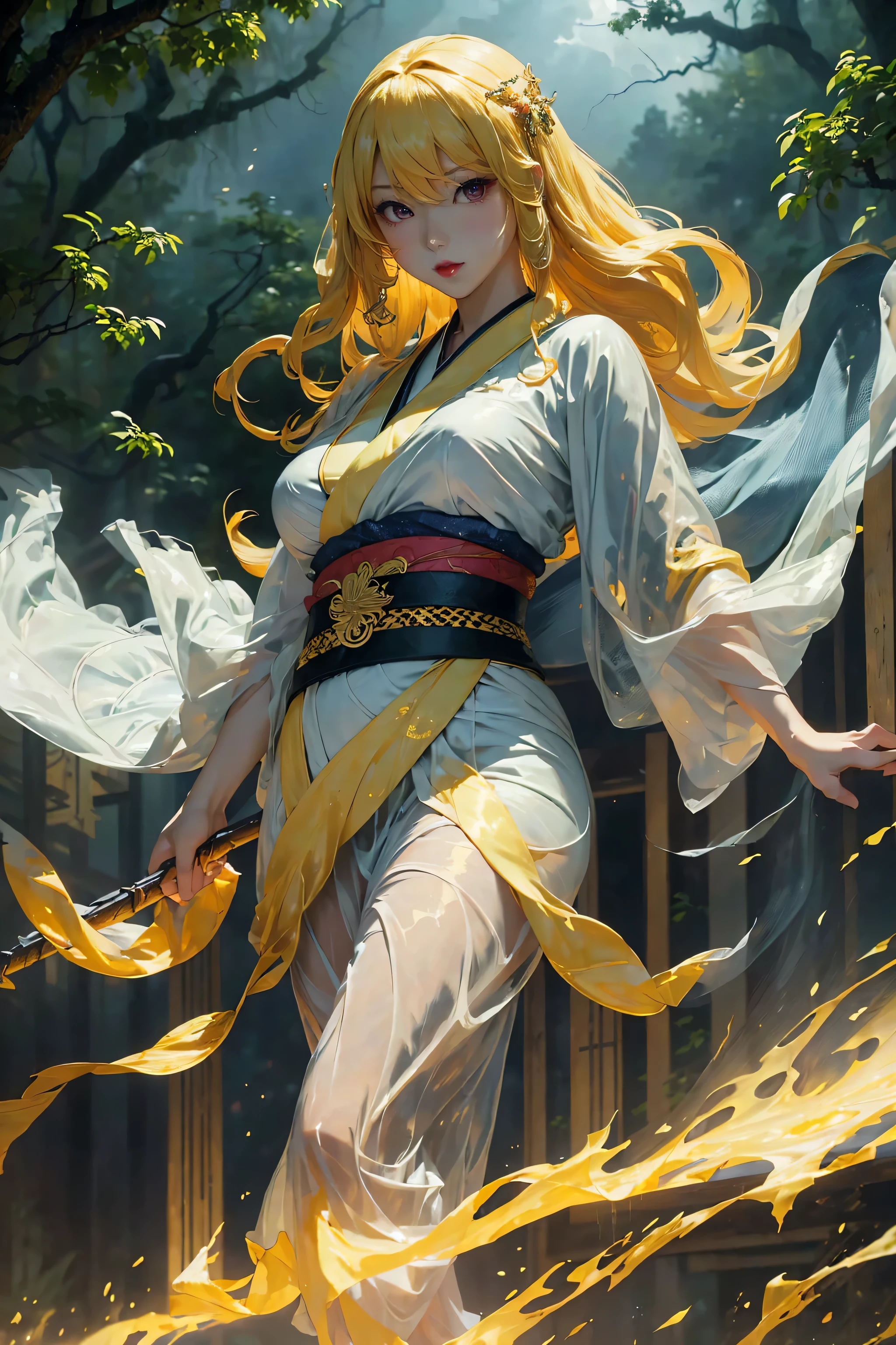 (8k, highest quality, masterpiece: 1.2), (realistic, realistic: 1.37), Super detailed, ((A bewitching female thunder god dancing in the sky:1))、((Female thunder god in sexy Japanese style kimono))、A sexy thunder god who controls lightning、((A sexy golden kimono inspired by thunder:1))