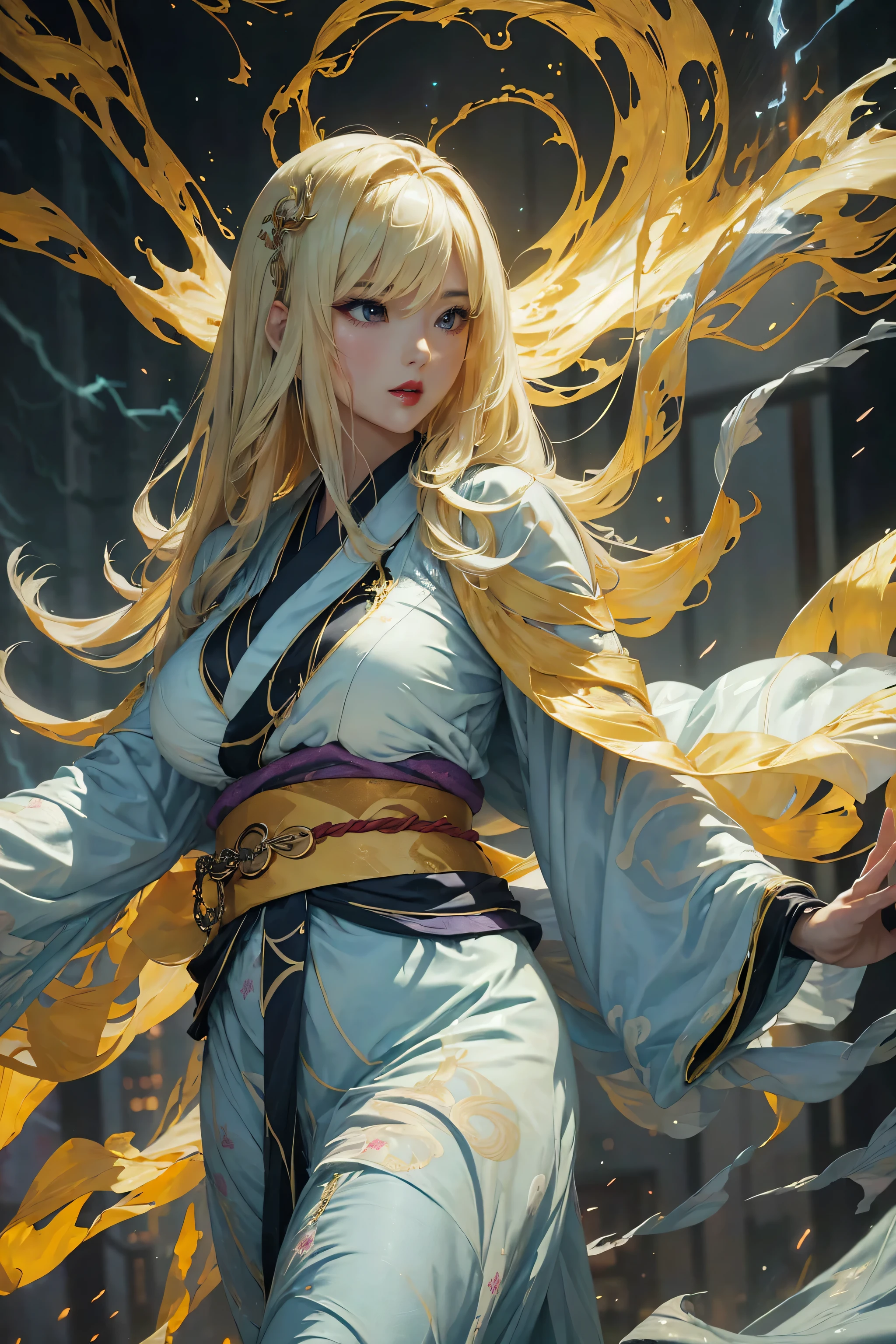 (8k, highest quality, masterpiece: 1.2), (realistic, realistic: 1.37), Super detailed, ((A bewitching female thunder god dancing in the sky:1))、((Female thunder god in sexy Japanese style kimono))、A sexy thunder god who controls lightning、((A sexy golden kimono inspired by thunder:1))