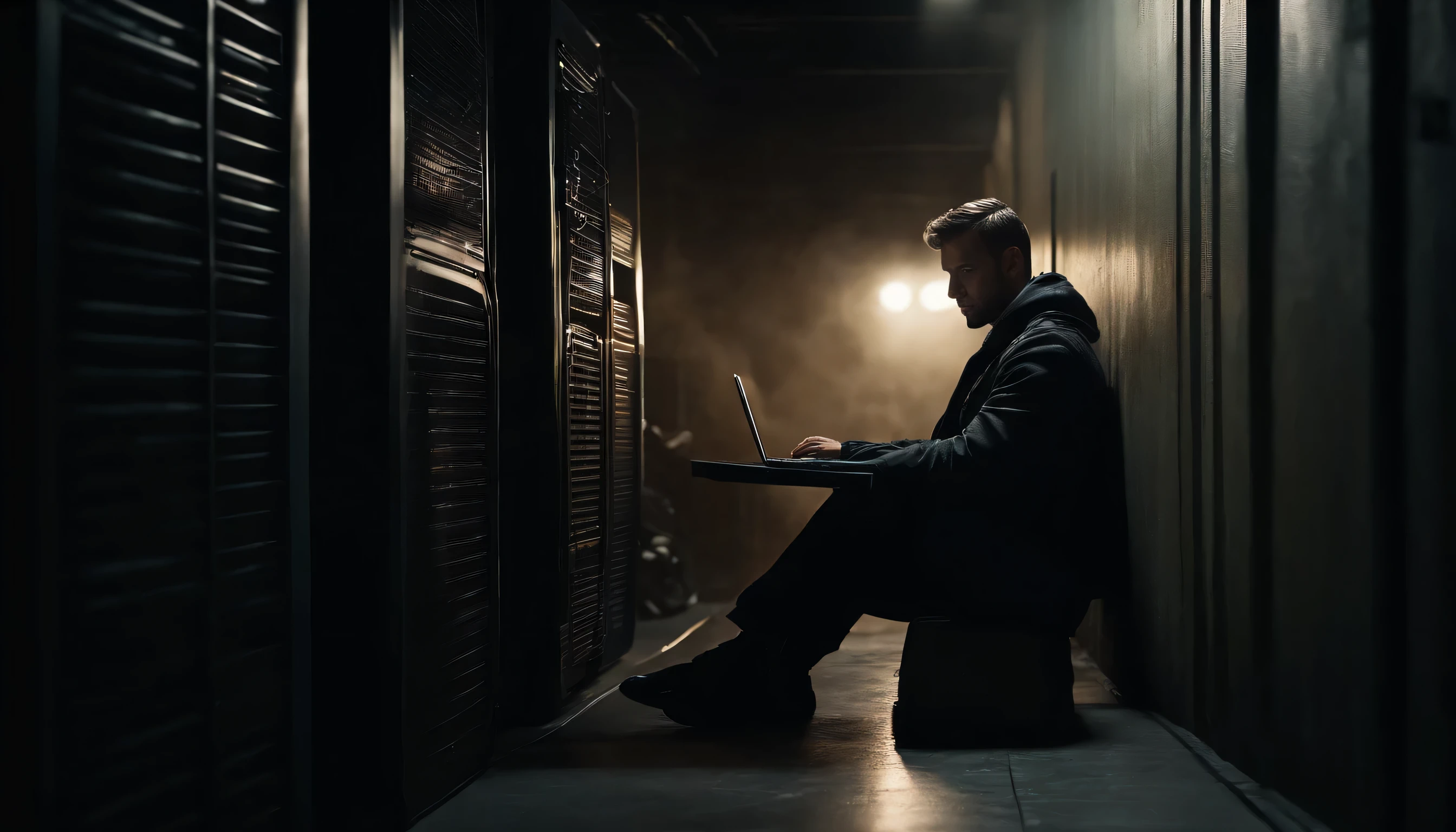 A man sitting cross-legged on a large industrial air conditioning vent or duct, working intently on a laptop computer balanced on his lap. Dark, moody lighting with dramatic shadows and contrasts. The background is a dimly lit urban alleyway or underground tunnel. Cyberpunk aesthetic. Highly detailed, photorealistic, 8k resolution.