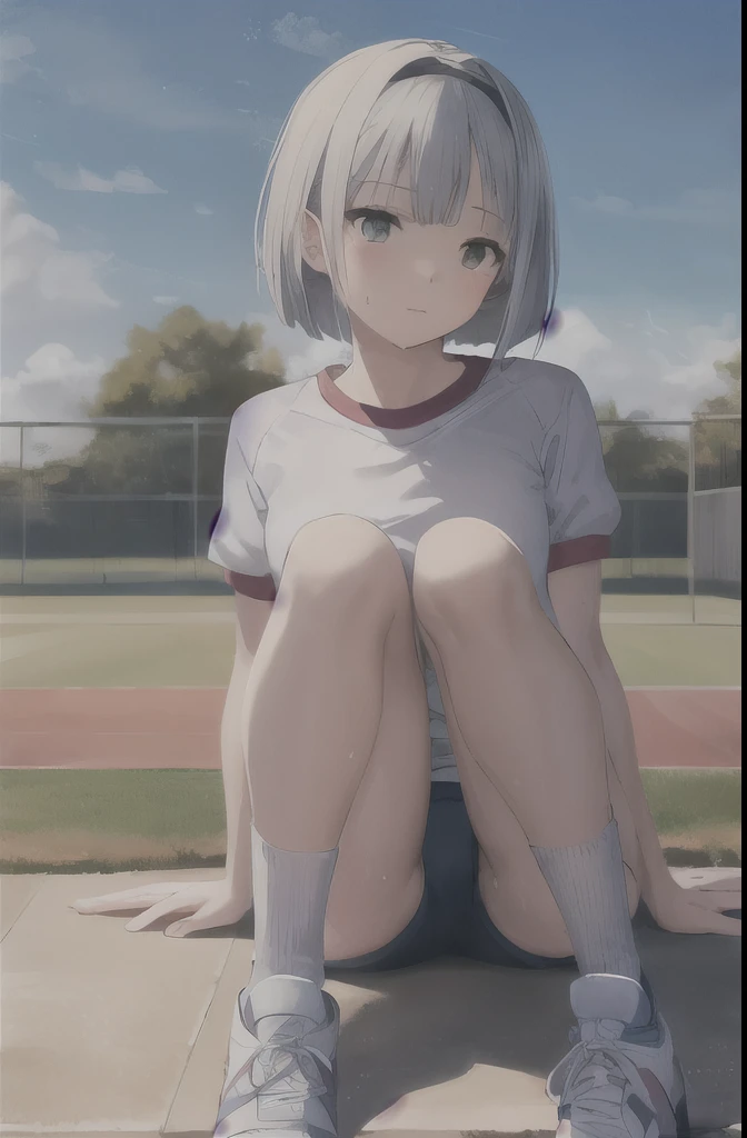 1 girl,alone,Youmu,white shirt,white socks, Gym suit,Dark blue bloomers, sports shoes, sitting, get your knees up,schoolyard,outdoor, blue sky,Sweat, front elevation
break
(masterpiece, highest quality,Super detailed,)