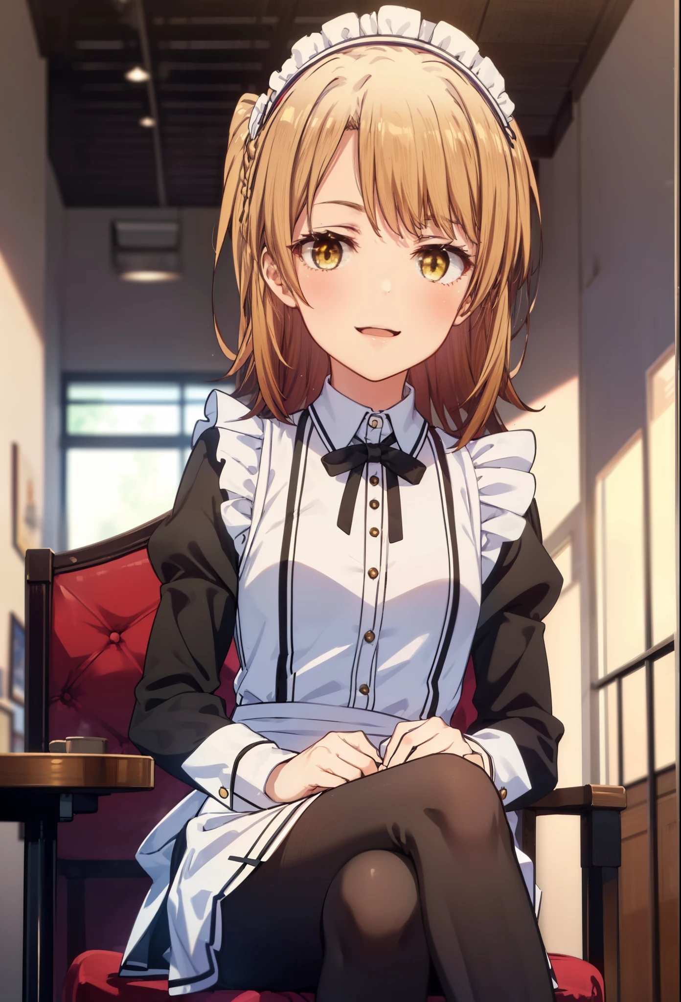 irohaisshiki, iroha isshiki, long hair, brown hair, (brown eyes:1.5), Smile, smile, open your mouth,short braided hair,ponytail,blush,smile,Maid clothes,Medium chest,she was wearing a miniskirt, black pantyhose, sitting cross-legged on a chair,So that the whole body goes into the illustration,
break indoors, coffee shop,
break looking at viewer,
break (masterpiece:1.2), highest quality, High resolution, unity 8k wallpaper, (shape:0.8), (fine and beautiful eyes:1.6), highly detailed face, perfect lighting, Very detailed CG, (perfect hands, perfect anatomy),