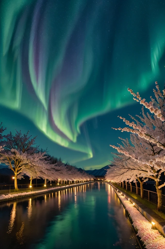 Rows of cherry blossom trees in full bloom under the aurora borealis