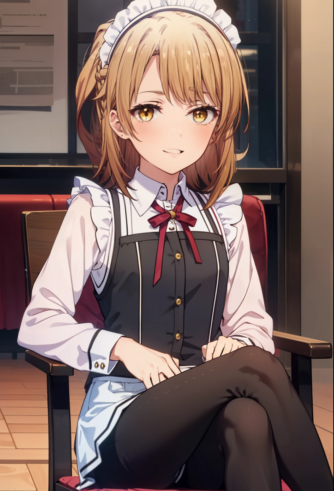 irohaisshiki, iroha isshiki, long hair, brown hair, (brown eyes:1.5), Smile, smile, open your mouth,short braided hair,ponytail,blush,smile,Maid clothes,Medium chest,she was wearing a miniskirt, black pantyhose, sitting cross-legged on a chair,So that the whole body goes into the illustration,
break indoors, coffee shop,
break looking at viewer,
break (masterpiece:1.2), highest quality, High resolution, unity 8k wallpaper, (shape:0.8), (fine and beautiful eyes:1.6), highly detailed face, perfect lighting, Very detailed CG, (perfect hands, perfect anatomy),