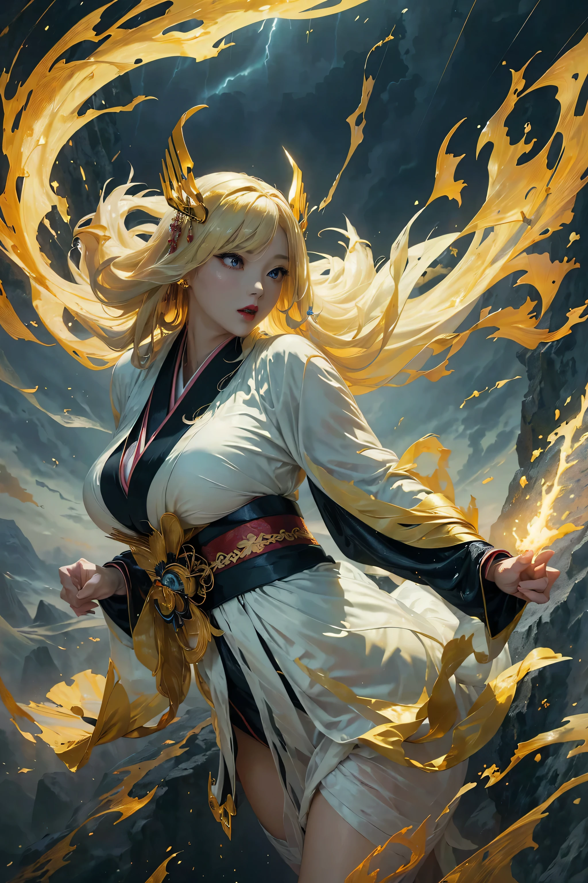 (8k, highest quality, masterpiece: 1.2), (realistic, realistic: 1.37), Super detailed, ((A bewitching female thunder god dancing in the sky:1))、((Female thunder god in sexy Japanese style kimono))、A sexy thunder god who controls lightning、((A sexy golden kimono inspired by thunder:1))