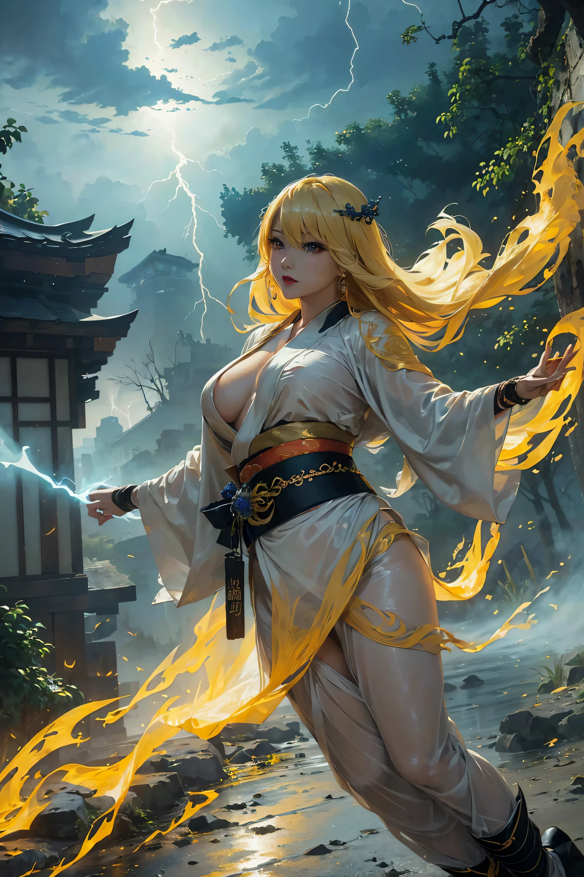 (8k, highest quality, masterpiece: 1.2), (realistic, realistic: 1.37), Super detailed, ((A bewitching female thunder god dancing in the sky:1))、((Female thunder god in sexy Japanese style kimono))、A sexy thunder god who controls lightning、((A sexy golden kimono inspired by thunder:1))