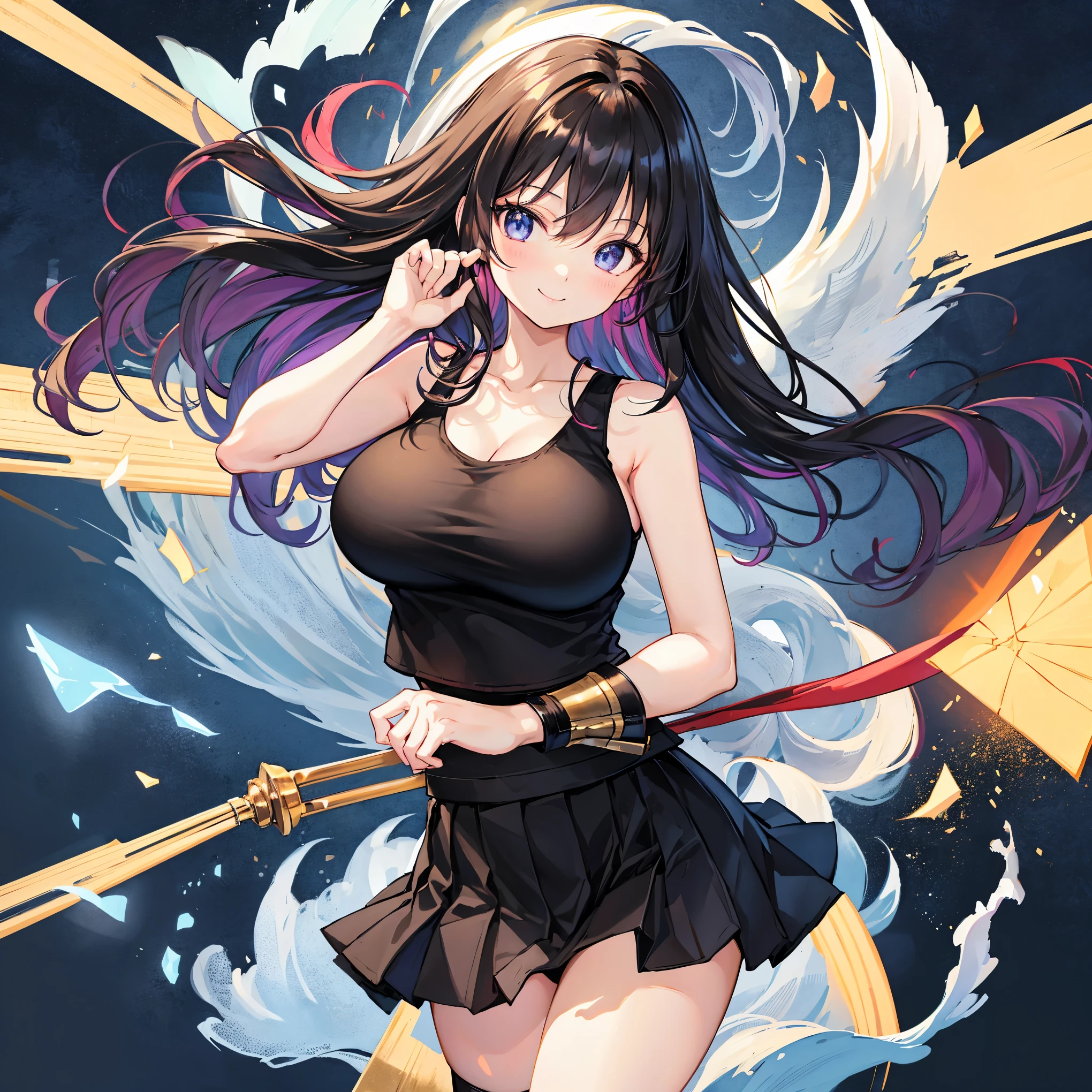 highest quality,best image,Japanese,big breasts,long black hair,beautiful girl,Tank top,mini skirt,black tights,smile
