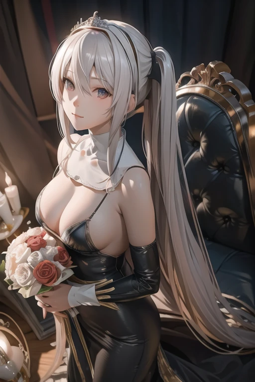 (from above:1.2),(from side:0.9), ((Face)), (Close-Up:0.4), ((looking at viewer, holding a bouquet to his mouth)), highest quality、(real、photorealistic:1.4)、(RAW photo:1.2)、very detailed CG unity 8k wallpaper, delicate and beautiful, wonderful, Fine detail, official art, disorganized, very disorganized, huge file size, Ultra-detailed, very detailed, very detailed girl, very detailed eyes and face, Bright on the face、(20 age girl:1.0)、small smile, smiling, miorine rembran, ahoge, (twintail hair:1.25), hair between eyes, hair twintails, (long hair:1.25), tiara,ruany,off-shoulder dress,pearl ,(gemstone),tiara,veil,wedding dress, wedding necklace, wedding long gloves, (luxurious bouquet), chapel, Stained glass,(best quality, highres, masterpiece:1.2), ultra-detailed, (realistic:1.37) illustration, erotic style, soft lighting, sweat glistening on her body, gentle warmth, dark and mysterious, small breast,narrow waist,(with sparkling eyes and a contagious smile),her thin pubic hair, looking at viewer, 