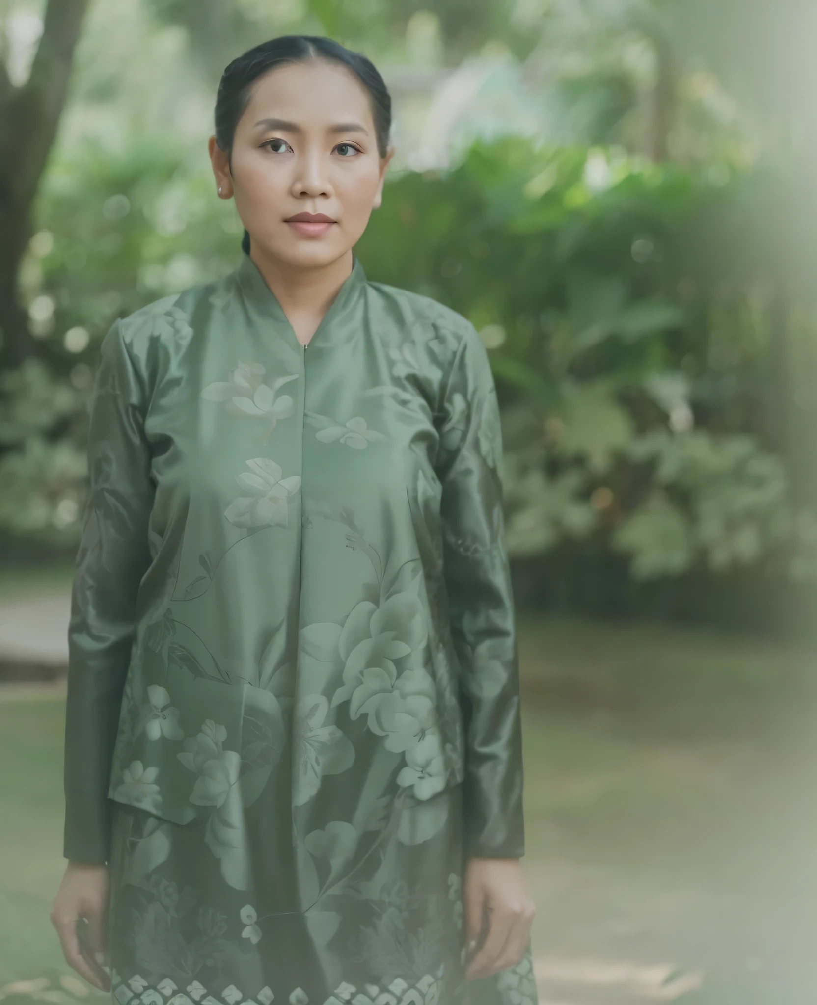 portrait of a woman wearing a typical Javanese kebaya bracket, standing, in the background of the garden yard, very detailed and realistic