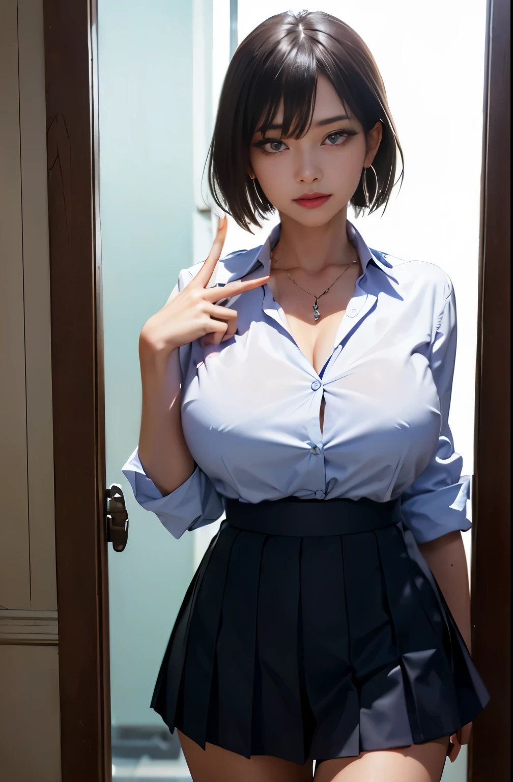 The 高いest quality, masterpiece, formal, write like a horror movie、(key light:Front diagonal 45 degrees, fill light、Backlight、Shadow、blue and orange color palette), accurate human body、knowledgeable person、Correct five-finger、
(dripping sweat、oil skin,Sparkling肌、realistic skin texture、Fine and beautiful skin、shiny skin、shiny skin)
(detailed pupil, perfect eyes:1.2), (Clothes that reflect light and are wrinkled and shiny:1.2), Sparkling, Sparklingした金色, (hoop earrings), necklace, glamorous perfect female proportions, enchanting smile, fine surface texture, 高い school girl、bewitching woman、black hair、straight hair、short hair、((big breasts)), big breastsの谷間、Game center at night、Inside a Japanese game center、、gallons of 1、high school girl、high school clothes、White shirt and black pleated skirt、(black mask)