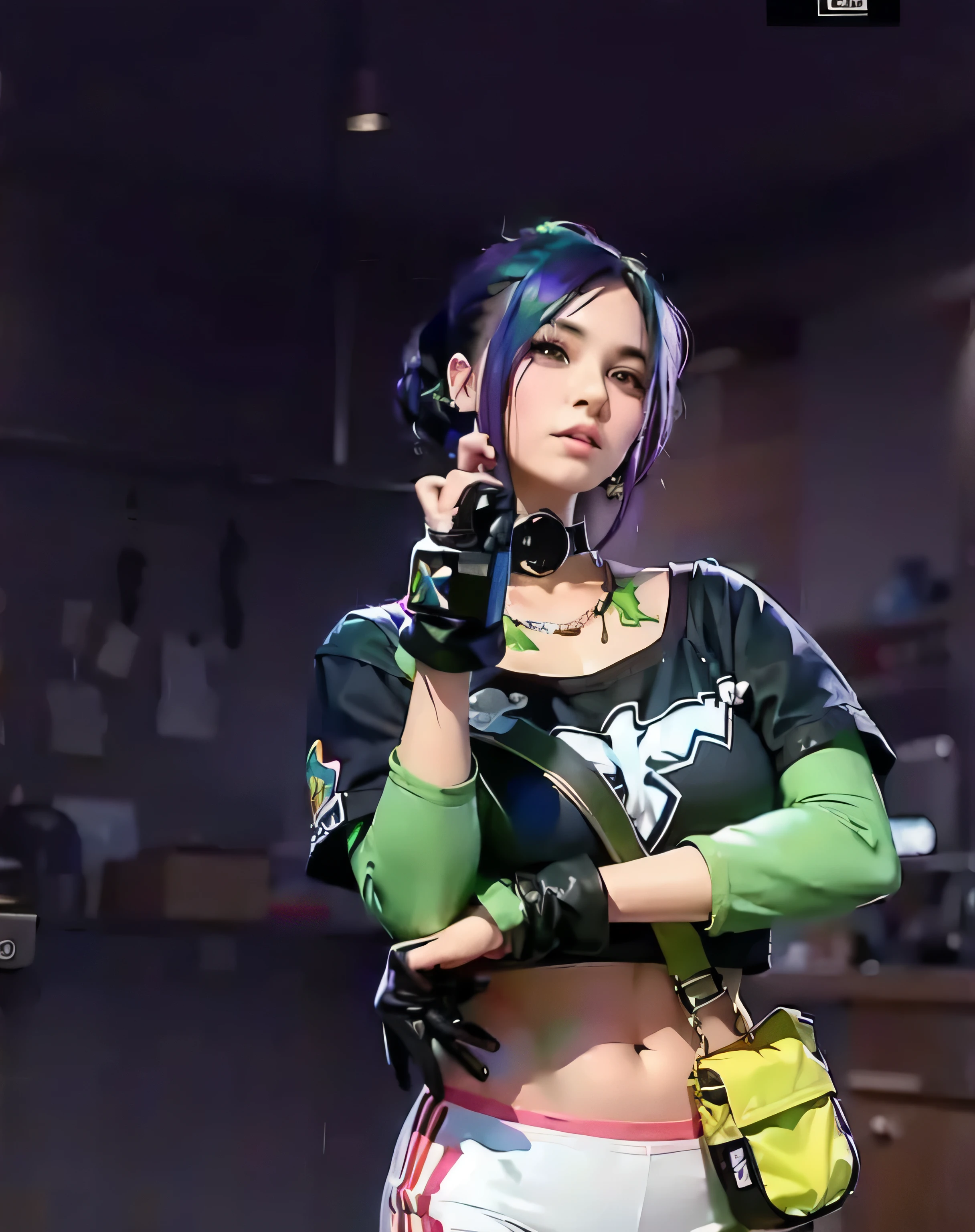 cute woman with a purple hair and a black shirt, big , realistic 