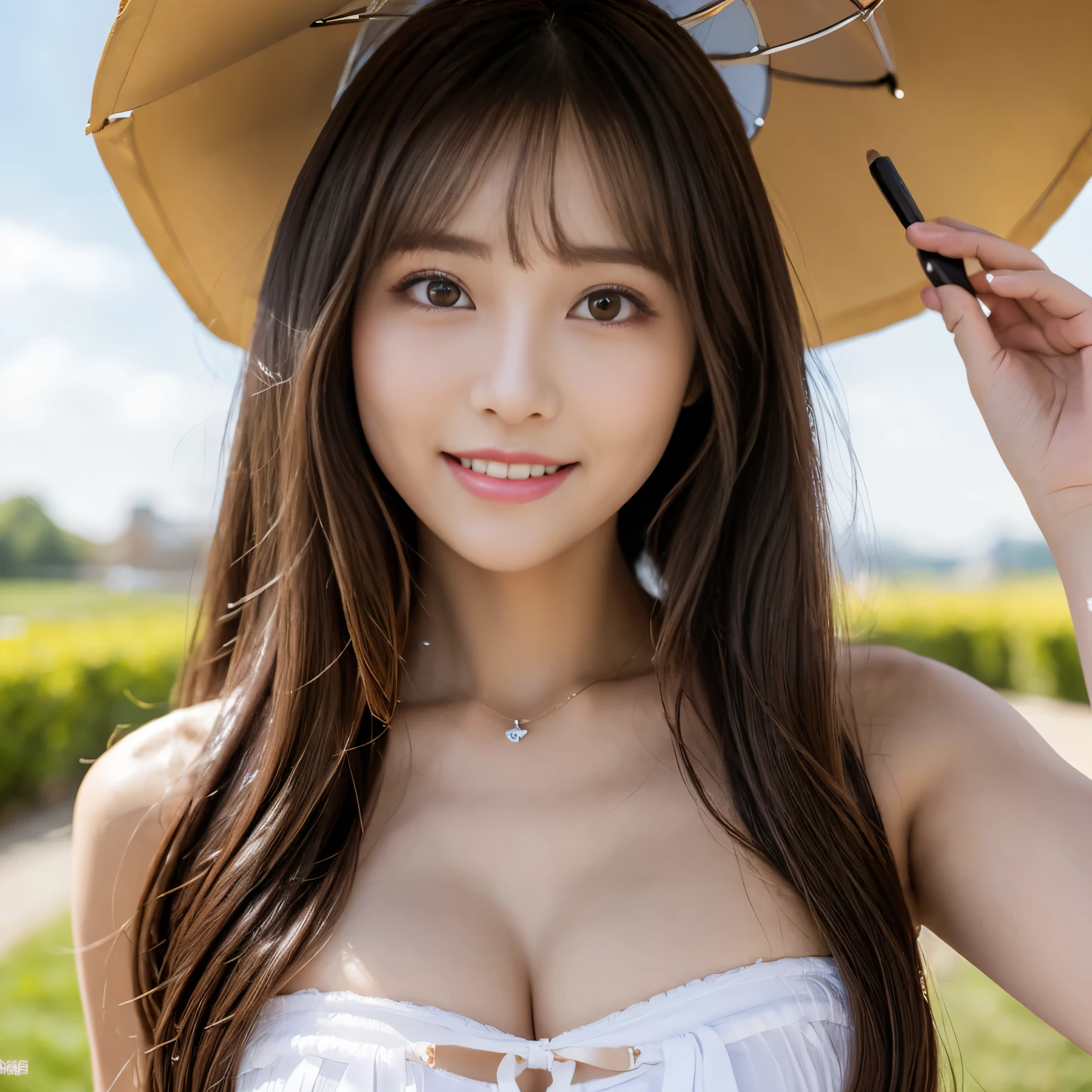 (masterpiece、highest quality、ultra high resolution、8K)、(1 very cute 14 year old girl:1.1)、(Perfect composition where the girl fits neatly into the frame:1.1)、thin、Naïve girl、(perfect anatomy:1.1)、(wavy hair:1.1)、big breasts、emphasize the bust line、(Completely naked:1.1)、Uniform ribbon that fits perfectly on the chest、(beautiful glowing skin:1.1)、Moist eyes、classy beautiful lipstick、perfect makeup、long eyelashes、elegant and beautiful eyeshadow、Gorgeous beautiful necklace、brown shiny hair、Colors and landscapes of youth、feeling of love、outside、A shy smile looked at me、very bright and refreshing、Show your beautiful teeth and smile big、(close up of body:1.3)