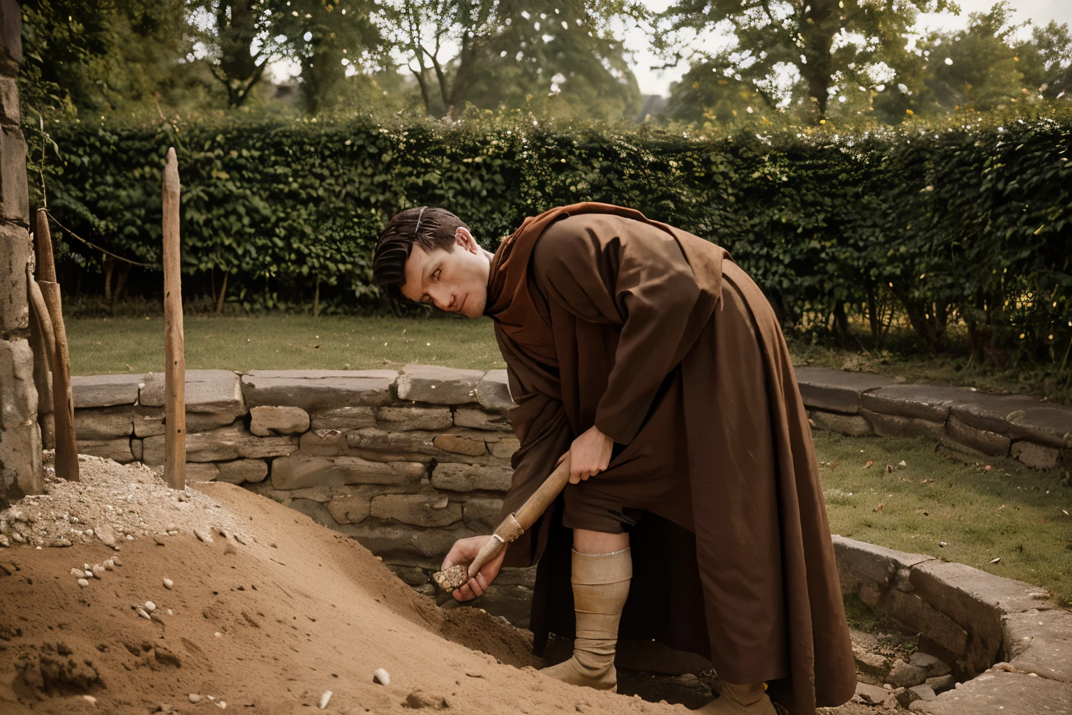 England, 1349. ((((46-year-old)) Thomas of Langley)), handsome, tall, stern, unburying a (((treasure))) from the ground. ((((monk clothings from the 1340s)))), ((monk dark hairstyle of the 1340s))