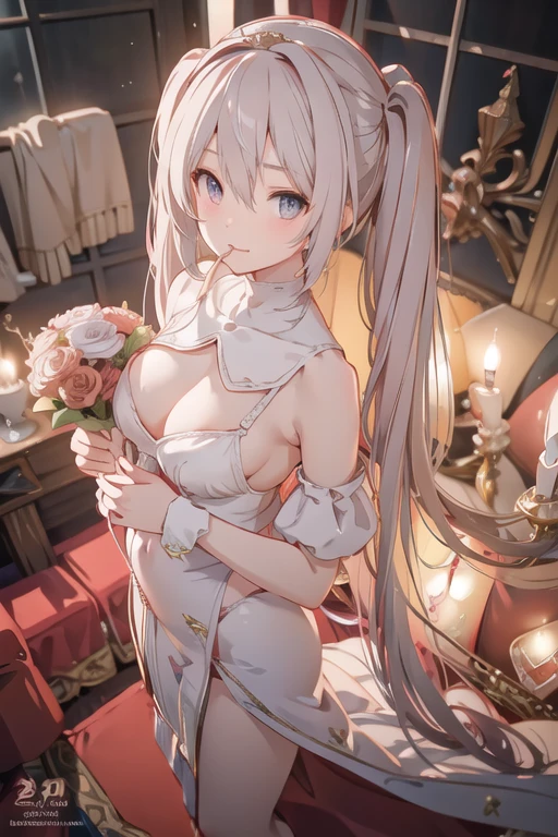 (from above:1.2),(from side:0.9), ((Face)), (Close-Up:0.4), ((looking at viewer, holding a bouquet to his mouth)), highest quality、(real、photorealistic:1.4)、(RAW photo:1.2)、very detailed CG unity 8k wallpaper, delicate and beautiful, wonderful, Fine detail, official art, disorganized, very disorganized, huge file size, Ultra-detailed, very detailed, very detailed girl, very detailed eyes and face, Bright on the face、(20 age girl:1.0)、small smile, smiling, miorine rembran, ahoge, (twintail hair:1.25), hair between eyes, hair twintails, (long hair:1.25), tiara,ruany,off-shoulder dress,pearl ,(gemstone),tiara,veil,wedding dress, wedding necklace, wedding long gloves, (luxurious bouquet), chapel, Stained glass,(best quality, highres, masterpiece:1.2), ultra-detailed, (realistic:1.37) illustration, erotic style, soft lighting, sweat glistening on her body, gentle warmth, dark and mysterious, small breast,narrow waist,(with sparkling eyes and a contagious smile),her thin pubic hair, looking at viewer, 