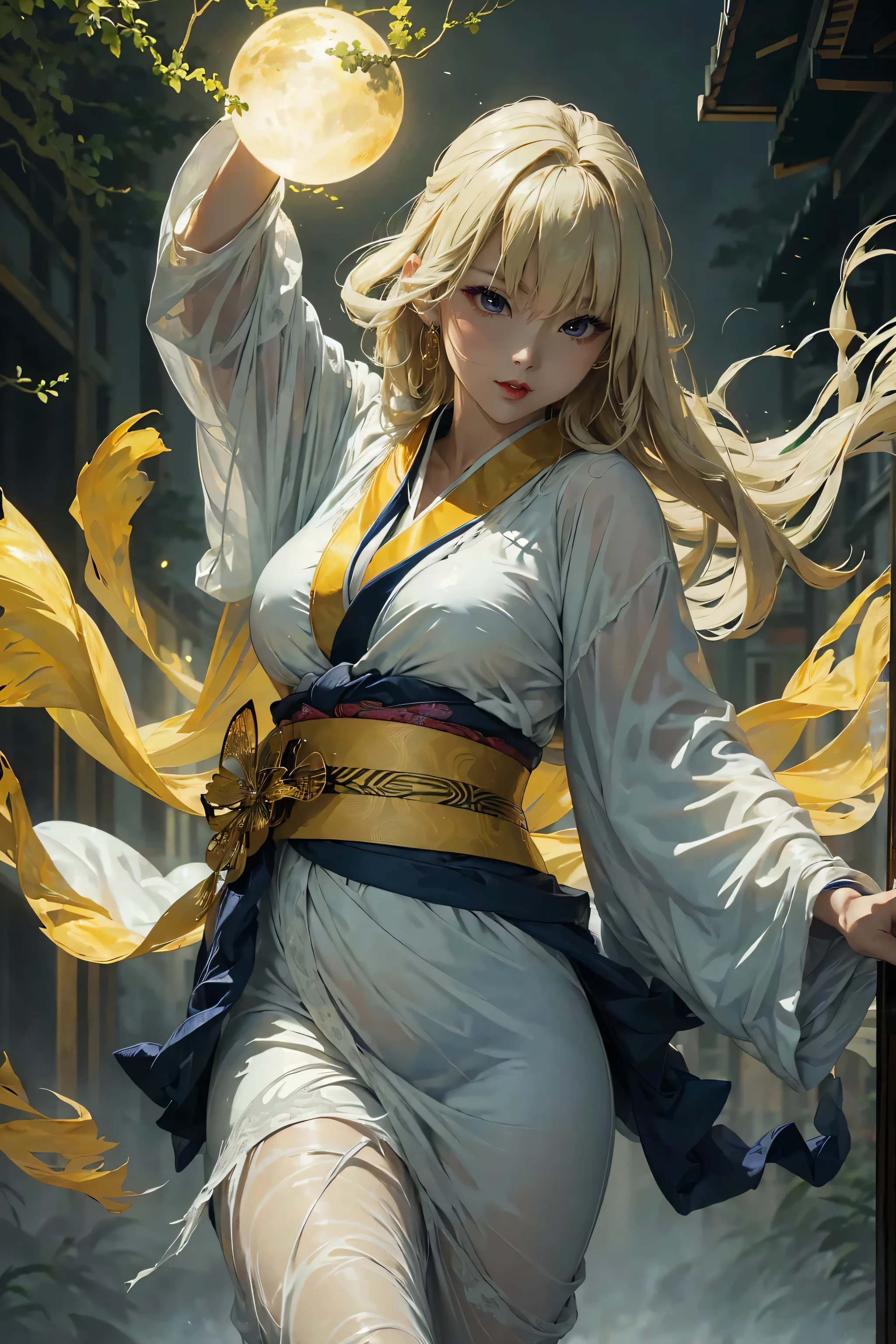 (8k, highest quality, masterpiece: 1.2), (realistic, realistic: 1.37), Super detailed, ((A bewitching female thunder god dancing in the sky:1))、((Female thunder god in sexy Japanese style kimono))、A sexy thunder god who controls lightning、((A sexy golden kimono inspired by thunder:1))