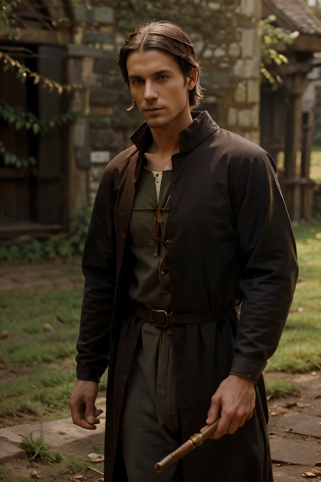 England, 1349. ((((46-year-old)) Thomas of Langley)), handsome, tall, stern, unburying a (((treasure))) from the ground. ((((monk clothings from the 1340s)))), ((monk dark hairstyle of the 1340s))
